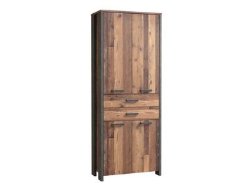 möbelando Aktenschrank Celon Aktenschrank im Vintage-Design aus Spanplatte in Betonoptik Dunkelgrau / Old Wood Vintage mit 4 Holztüren, 2 Schubkästen und 3 Einlegeböden. Breite 86 cm, Höhe 220,7 cm, Tiefe 41,6 cm