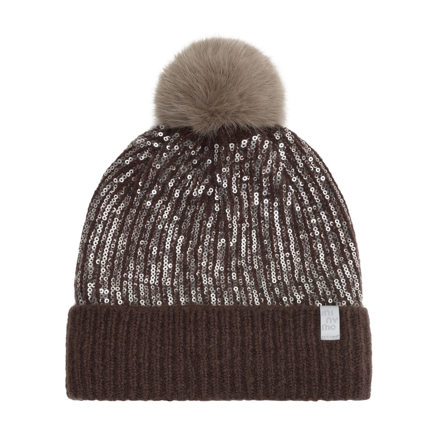 Minymo Strickmütze Mädchen Strickmütze mit Bommel Braun Pailletten