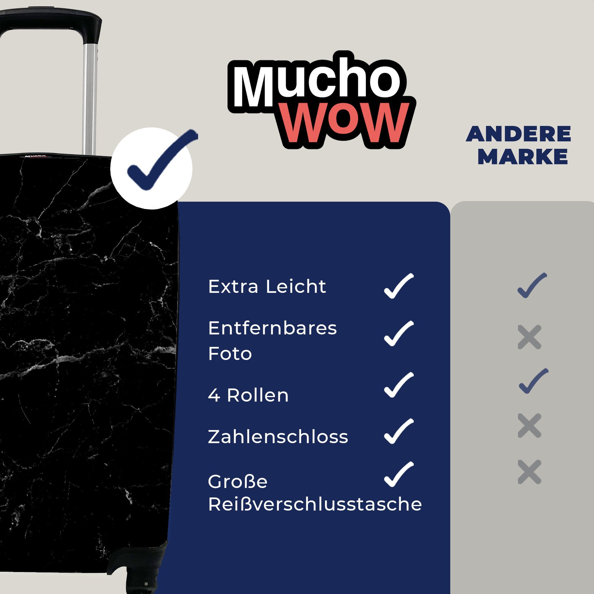 MuchoWow Handgepäckkoffer Marmoroptik Schwarz Ferien, Handgepäck für - Luxus, rollen, Reisetasche - Rollen, 4 mit Trolley, Reisekoffer