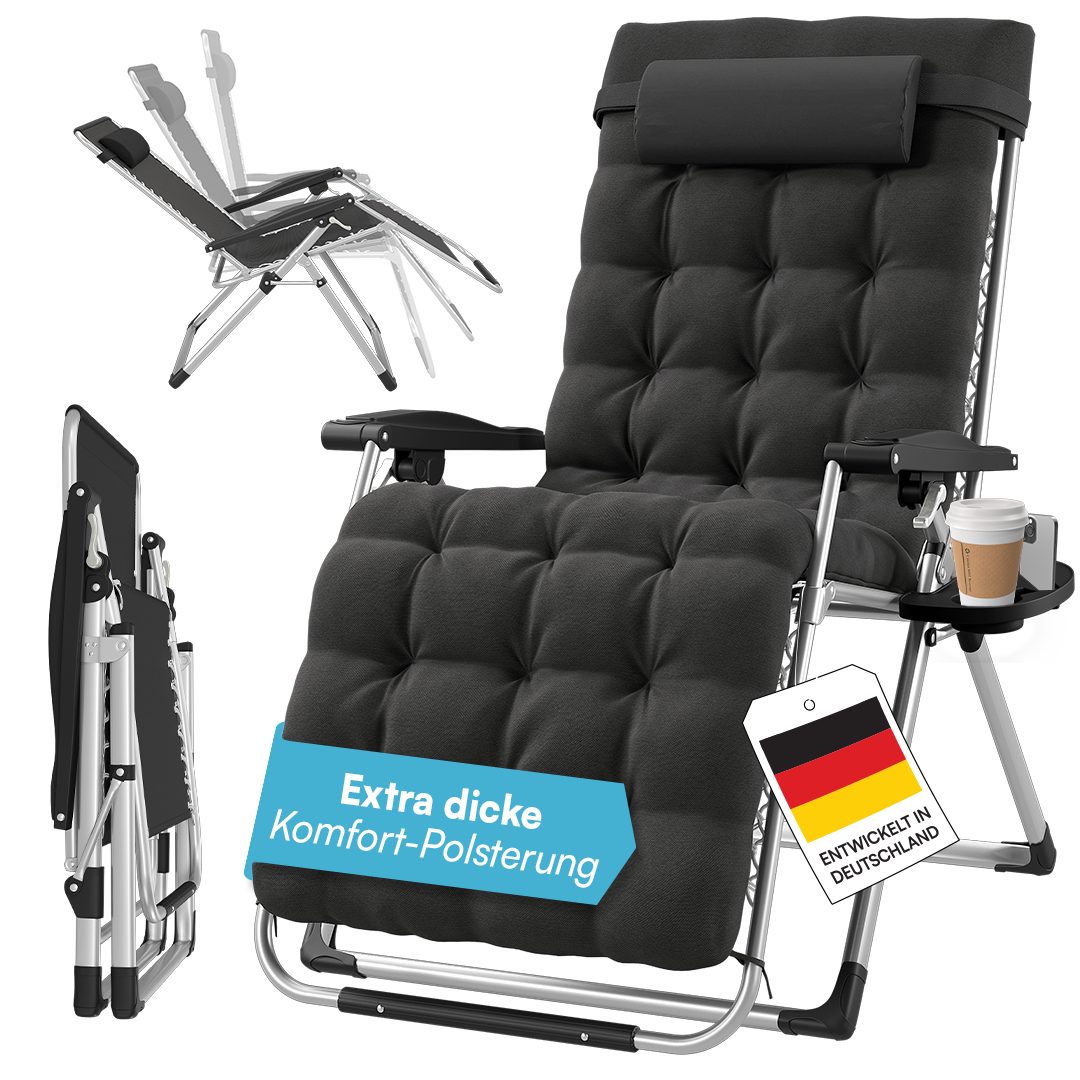STEELSØN Gartenliege Lysira klappbarer Zero-Gravity-Stuhl, schwarz/silber, outdoor Liegestuhl, mit atmungsaktiven Polsterauflagen, Sonnenliege mit Getränkehalter