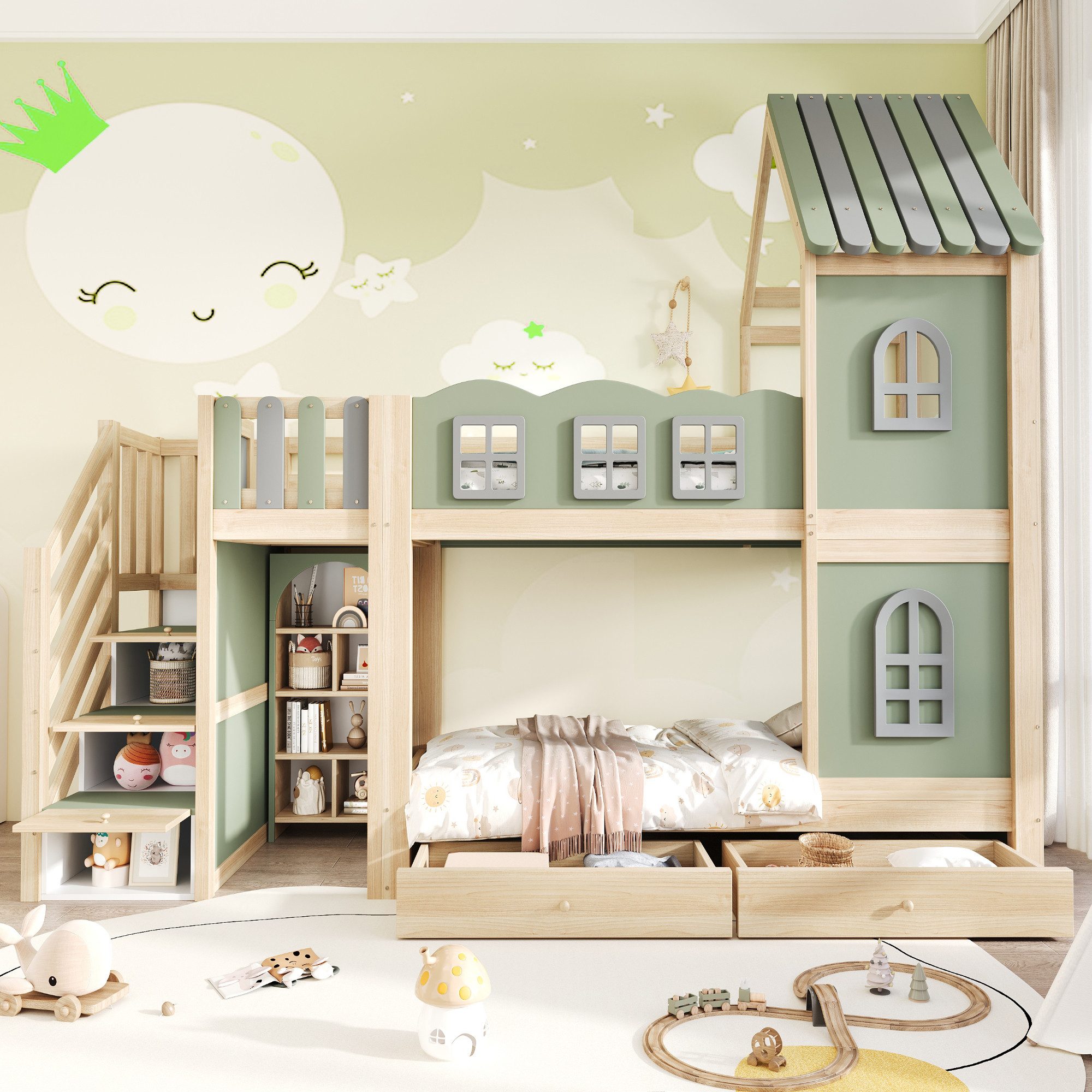Flieks Etagenbett, Kinderbett 90x200cm Hausform mit Stauraumtreppe Schubladen Regalen