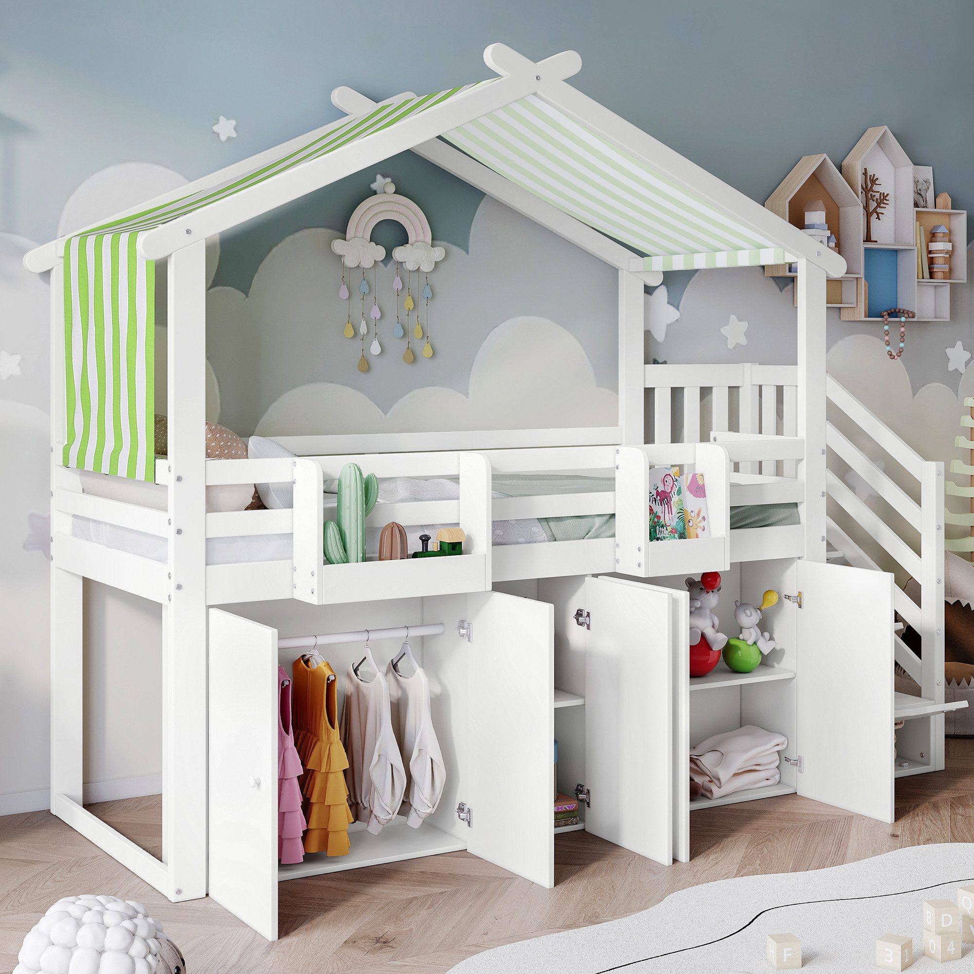 Merax Hochbett 90x200cm Kinderbett mit Vorhang (263x95x213.5cm) Etagenbett mit Kleiderschrank, Schließfächer und Stauraumtreppe