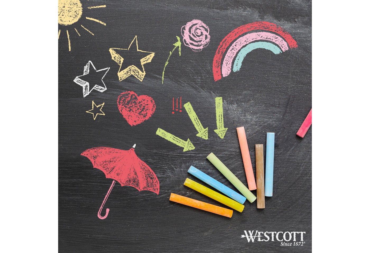 Thumbnail - WESTCOTT Malkreide Kreide 12 Stück Bunt, Tafelkreide 1,2cm ⌀ x 8,5cm Kreidestifte, (Vorteilspack, 12-tlg), staubarm & le...