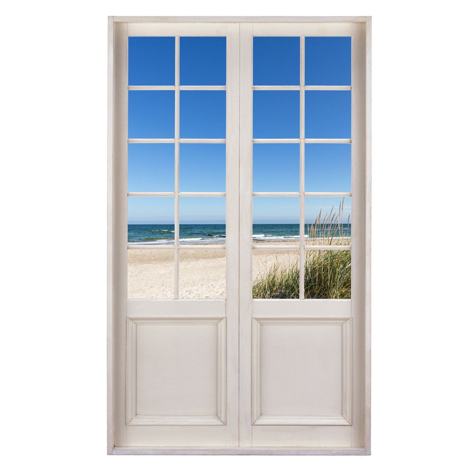 WallSpirit Wandsticker "Terrassentür mit Ausblick - Ostsee" 120 x 200 cm (Einzelaufkleber, Montagefertig), Selbstklebend, leicht zu kleben, hohe Klebkraft, abziehbar