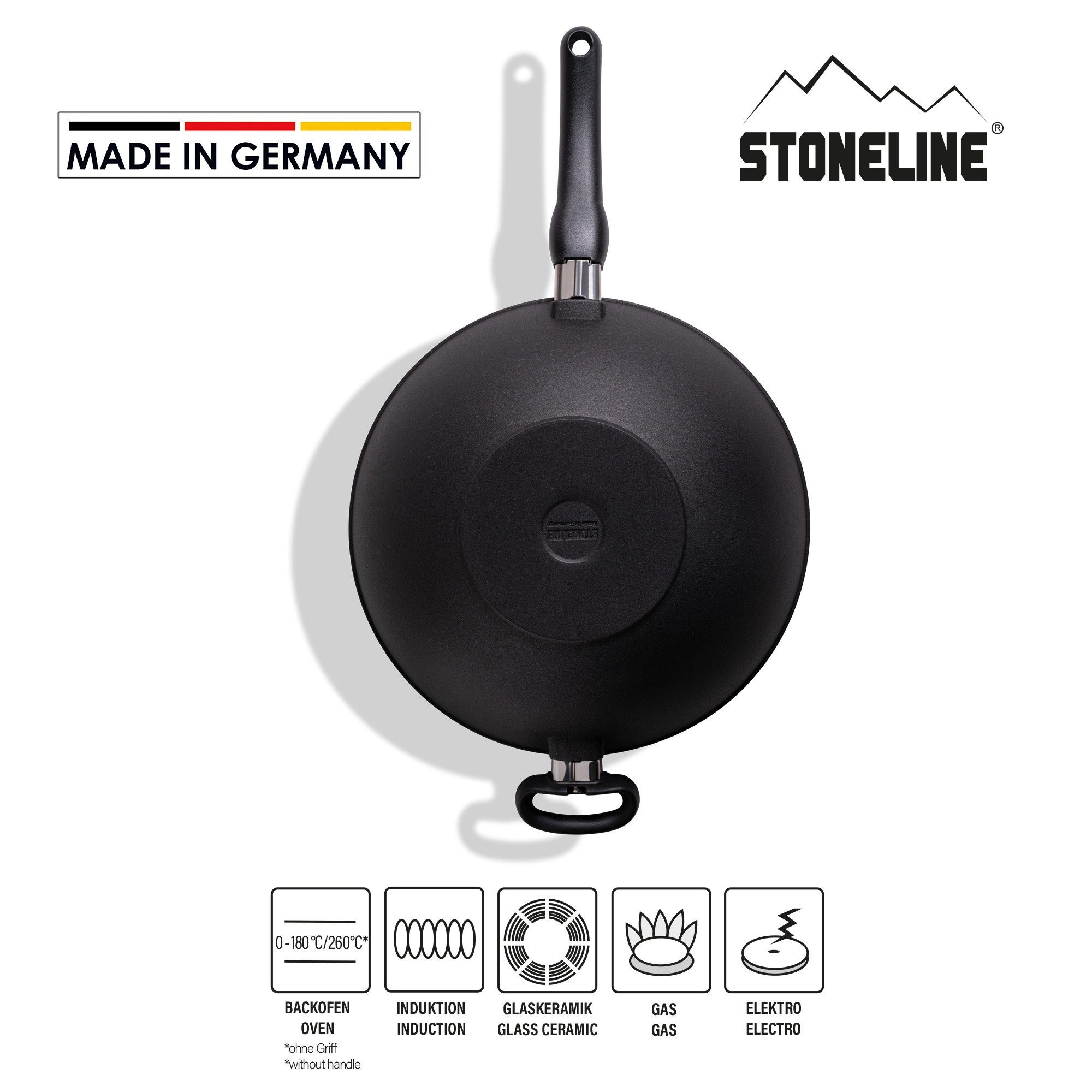 STONELINE Wok, Aluminium (Set, 2-tlg., 1 Pfanne, 1 abnehmbarer Stielgriff, 1 Stofftasche), mit echten Steinpartikeln, induktionsgeeignet, Made in Germany