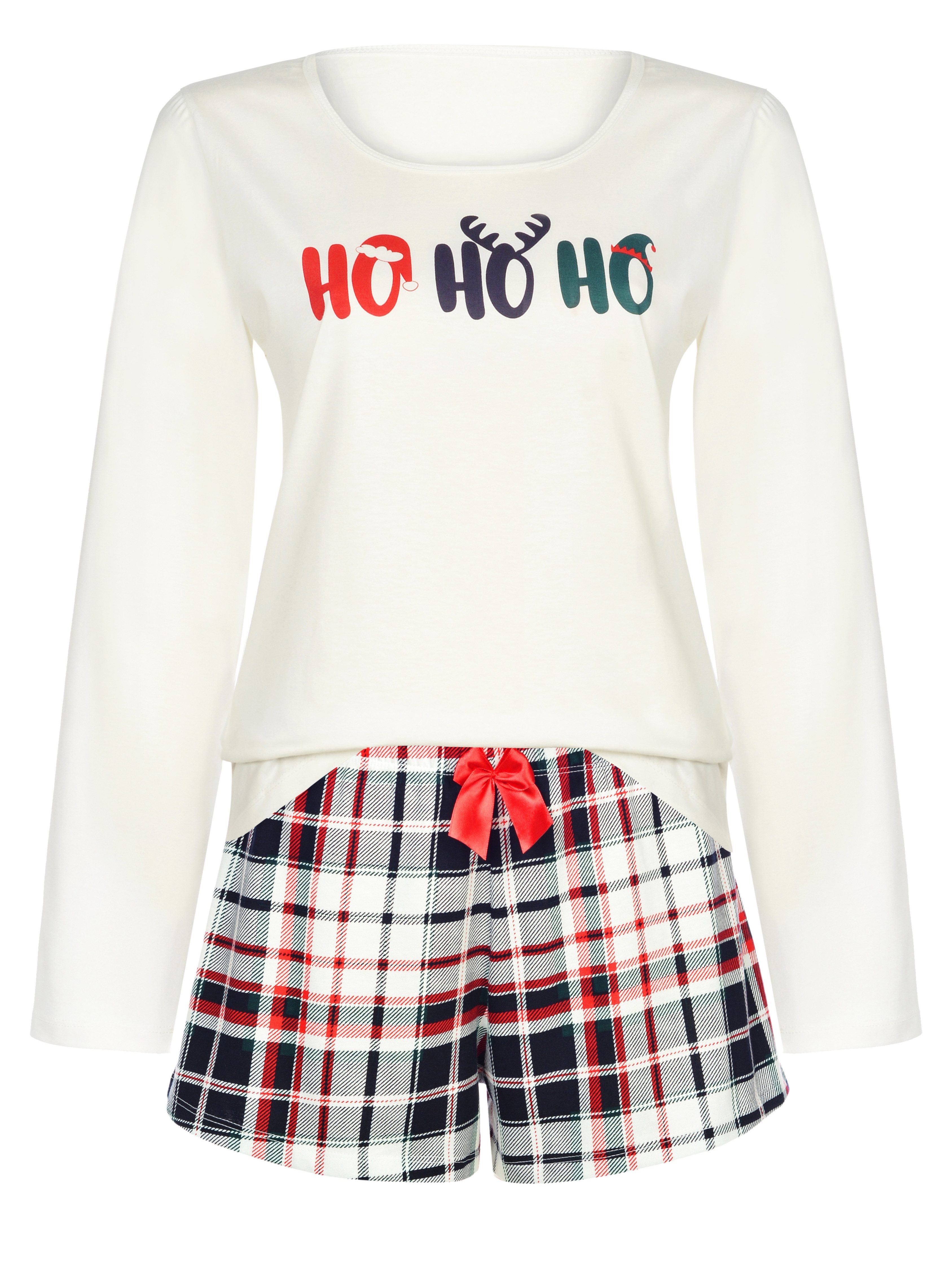 Donna Shorty Pyjama mit karierter Hose mit Weihnachts-Druck, 100% Baumwolle günstig online kaufen