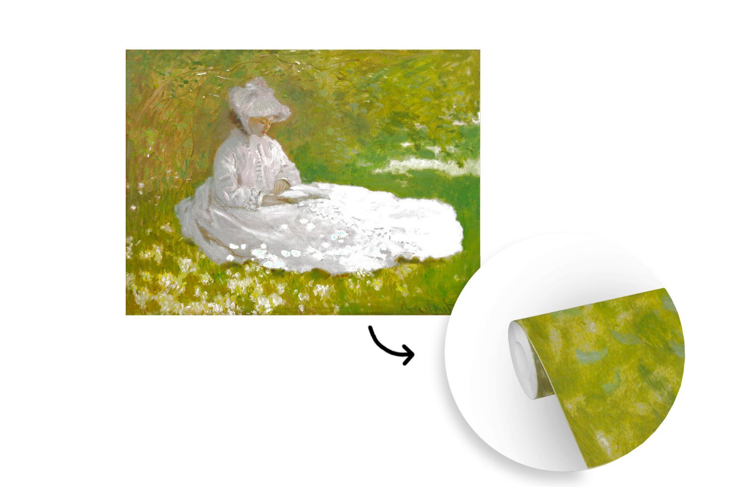 Frühling Matt, - bedruckt, (5 Wandtapete Monet, MuchoWow Claude Wohnzimmer, Montagefertig Tapete von Vinyl Gemälde Fototapete für St),