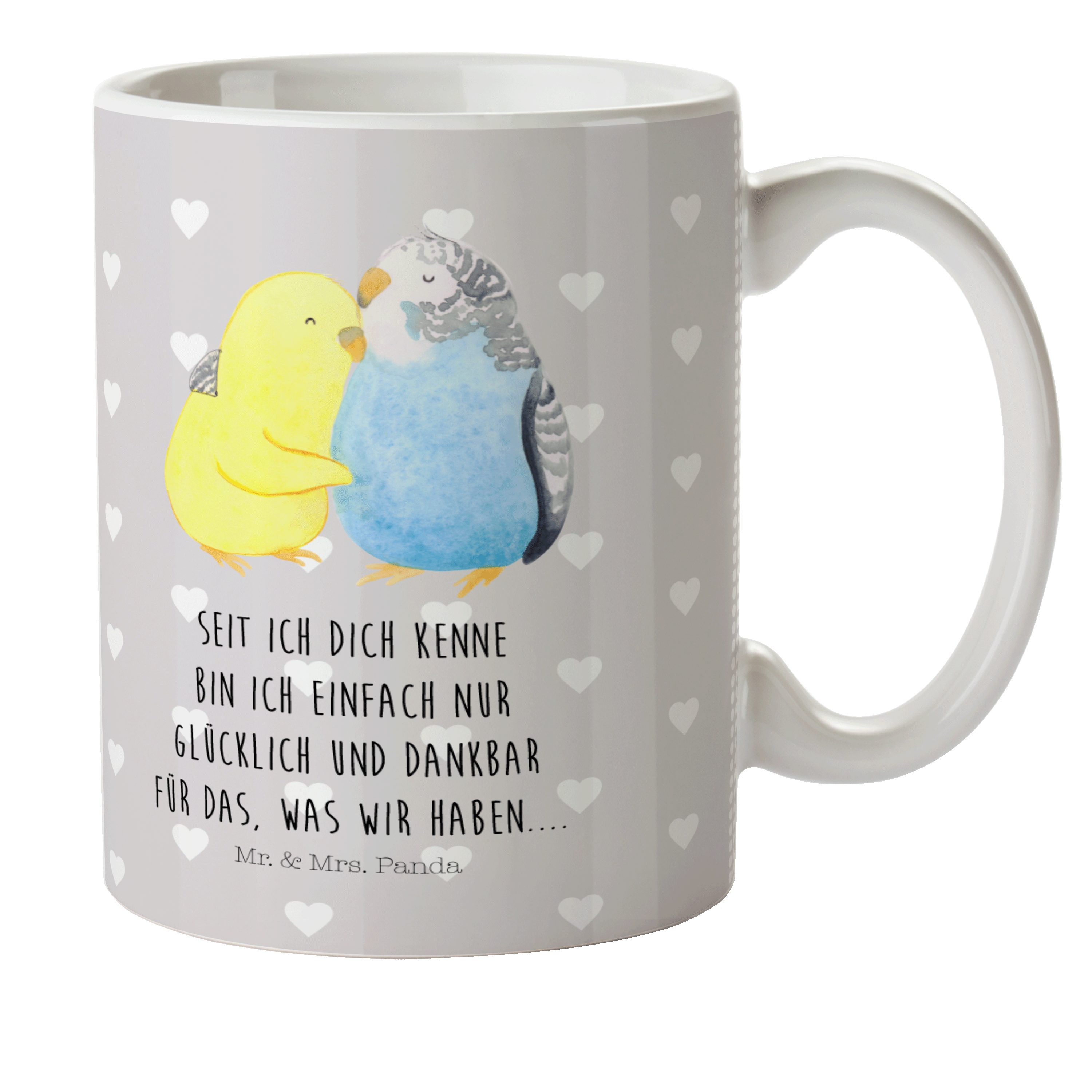 Mr. & Mrs. Panda Kinderbecher Wellensittich Liebe - Grau Pastell - Geschenk, Partner, Kunststoffbec, Kunststoff