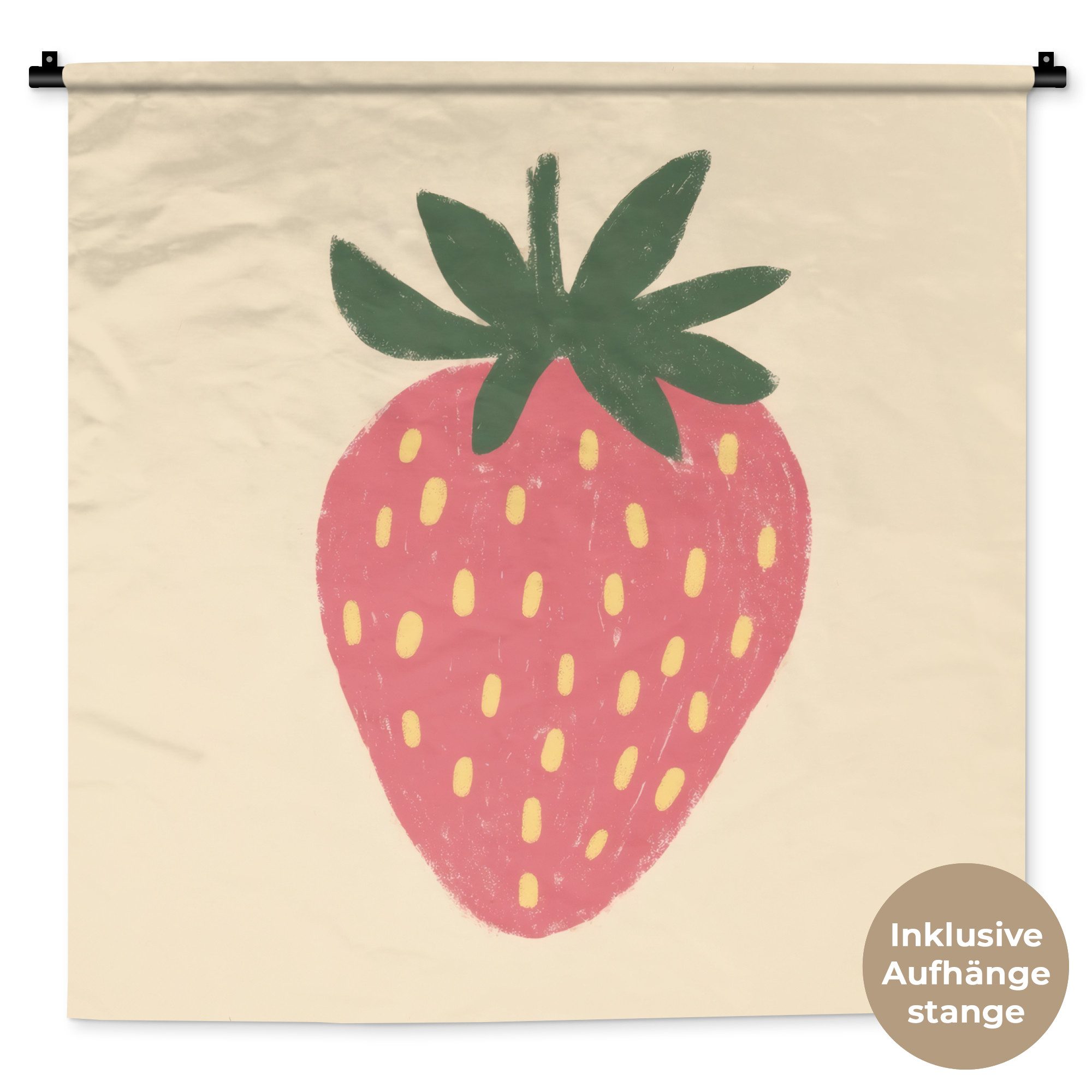 MuchoWow Wandteppich Erdbeere - Minimalistisch - Rot - Obst, Quadratisch, Höhe: 3 mm, Wandtuch für Wohnzimmer, Schlafzimmer, 90x90 cm
