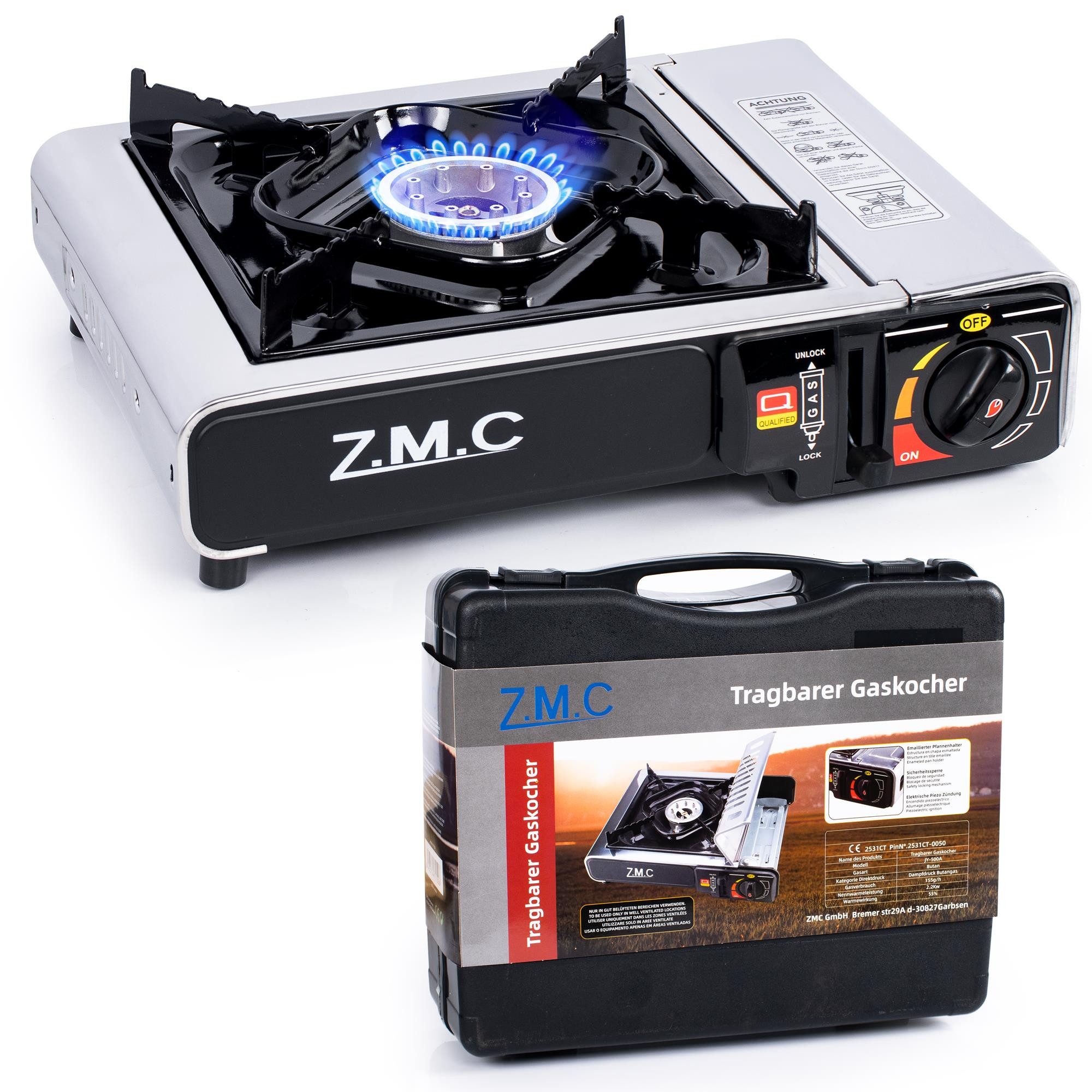 ZMC Gaskocher Edelstahl Campingkocher Gaskocher 1 Flammig, (Wärmeleistung: 2,2KW Tragbarer Kochfeld, Wärmeleistung: 2,2KW Tragbarer Kochfeld), Outdoor Camping Gas Kocher Herd Kartuschenkocher + Transportkoffer
