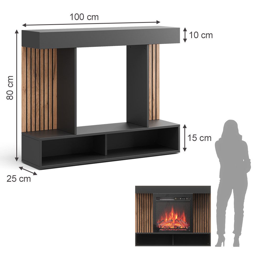 Vicco Kaminumbauschrank Lynea, Schwarz, 100 cm mit realistischem Flammeneffekt und Heizung ... (1-St)