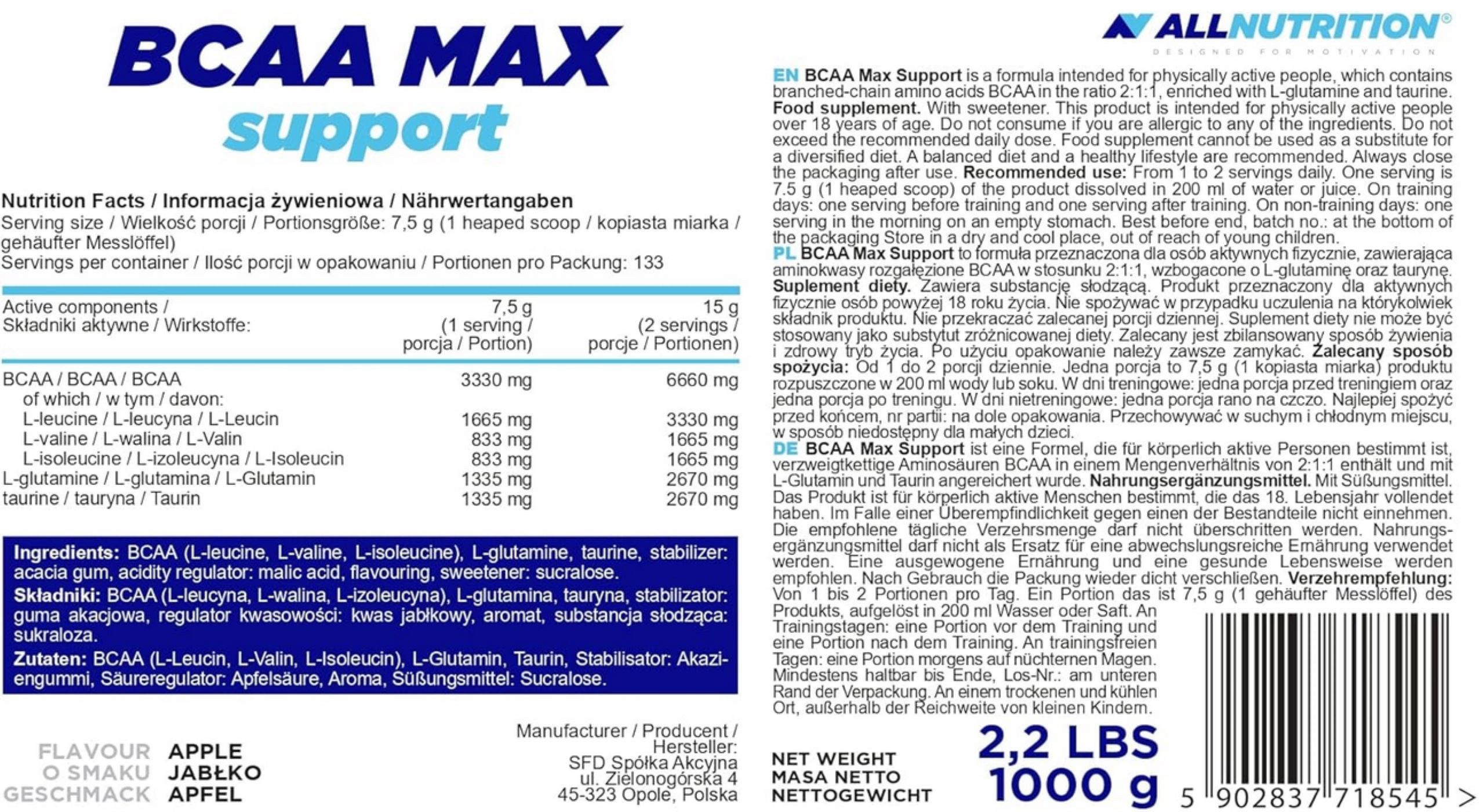 ALL NUTRITION BCAA 2:1:1 Pulver 1000g Aminosäure BCAAs Anabol Aminosäuren 1 Kg Pulver, 3750 mg BCAA pro Portion