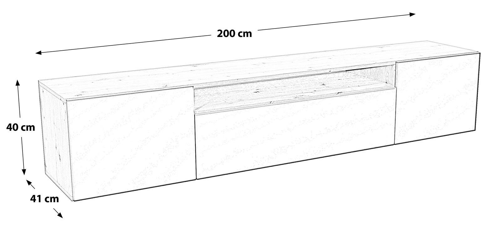 dreitürig mit Lowboard wandmontage Push-To-Open gefräst Breite Funktion, Fronten) cm, mit artisan TV-Schrank (Scharniertüren Beautysofa schwarz + Eiche Rio 200