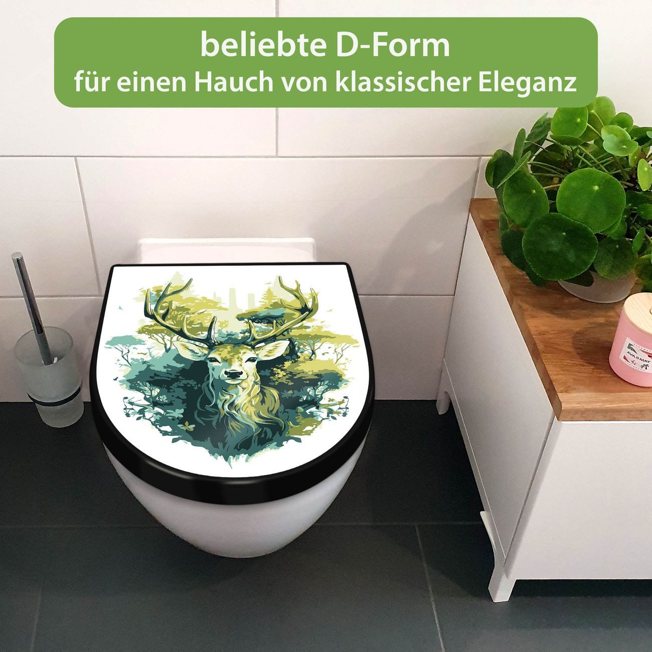 banjado WC-Sitz Premium D-Form mit Absenkautomatik Motiv Hirsch Wald Aquarell (umweltfreundliches Material, Softclose Absenkautomatik), 45 x 36,4 x 4