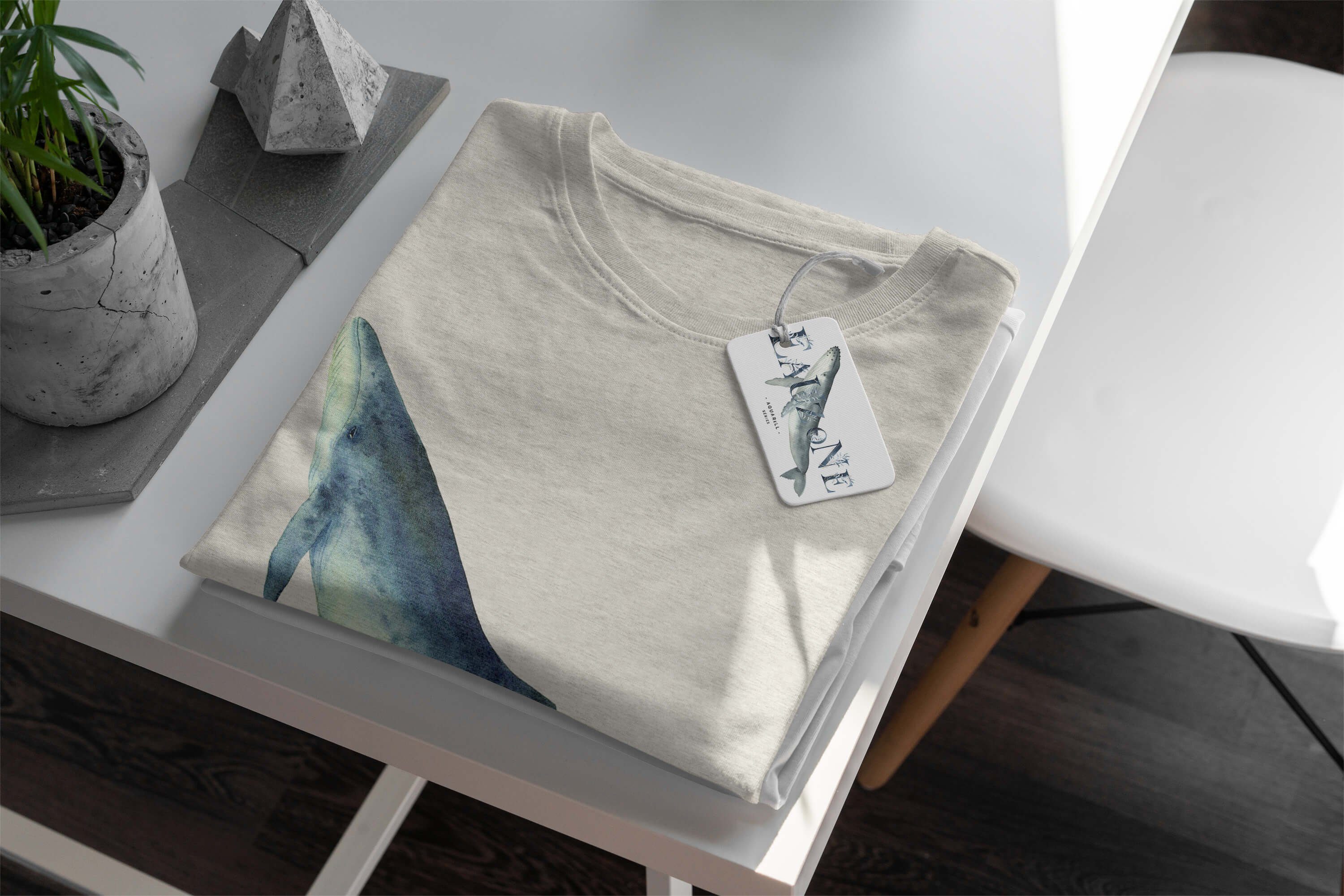 (1-tlg) erne Wal T-Shirt Art Sinus Wasserfarben gekämmte aus Bio-Baumwolle T-Shirt Nachhaltig 100% Ökomode Herren Shirt Motiv