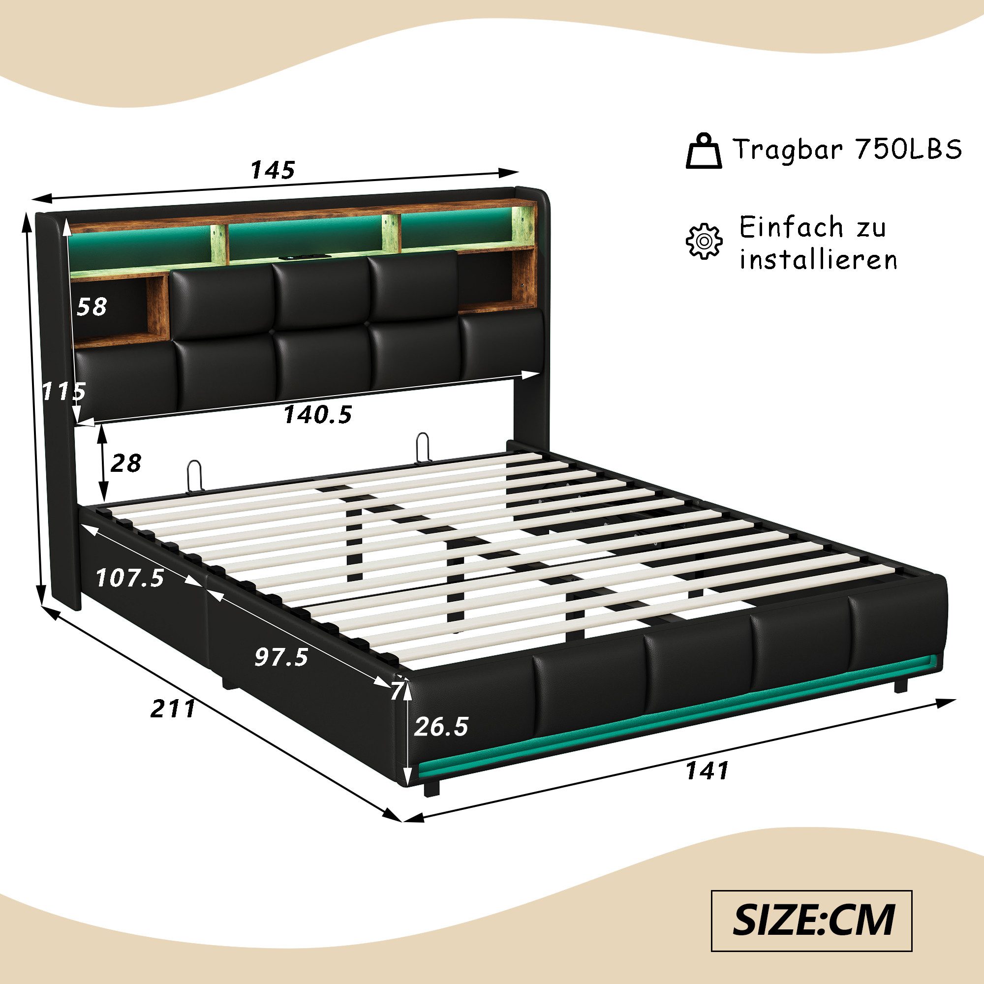 PXloue Polsterbett Modernes Bett mit LED-Beleuchtung und Regal (Hydraulisch hebbarer Stauraum), Stilvolles Design mit Stauraum und Lattenrost.