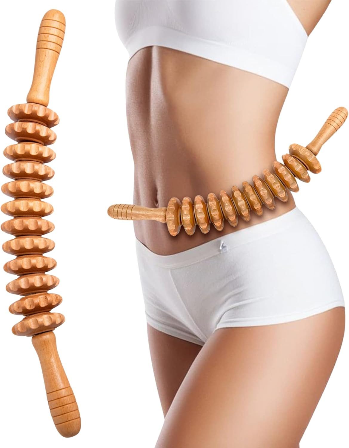 Massageroller Holz Massageroller mit Griff, Anti Cellulite Faszienrolle 42cm
