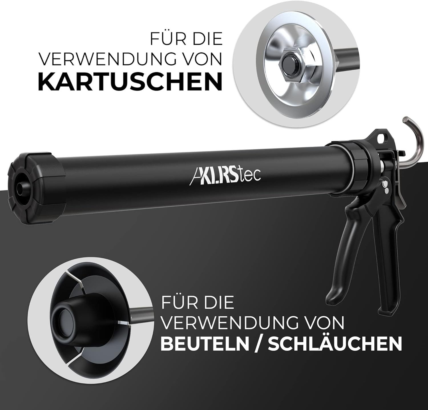 KLRStec Kartuschenpistole XL 600ml aus Metall, (Geschlossene Profi 4K Beutel Kartuschenpistole, für alle gängigen 310-600ml Dicht- und Klebstoffkartuschen), (Silikon, Acryl, Lehm etc) mit Zubehör