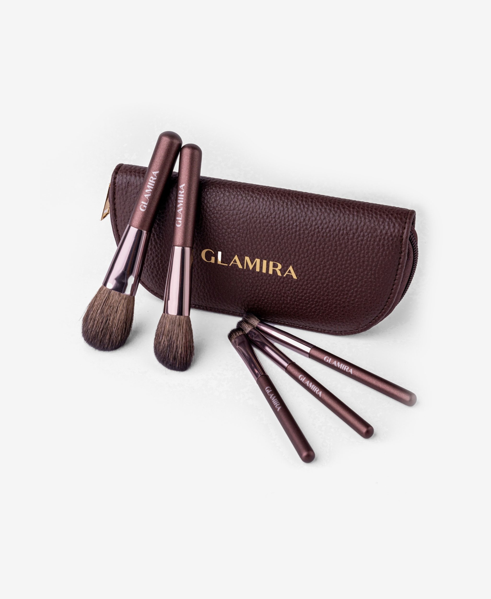GLAMIRA Kosmetikpinsel-Set Braunes Make-up-Pinselset, 5 tlg., perfekt für Reisen oder schnelle Auffrischungen unterwegs
