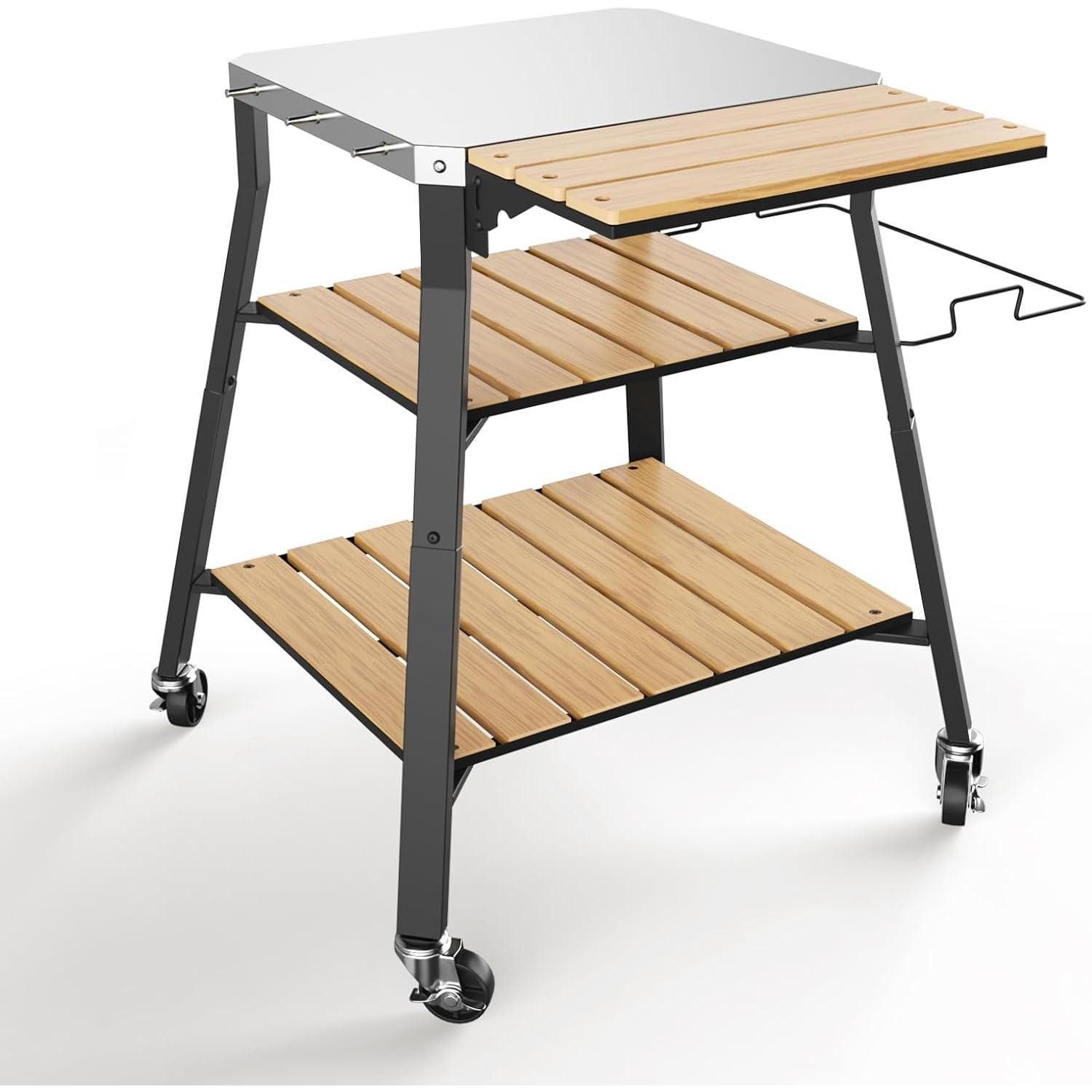 LuxusKollektion Grillablagetisch Grillwagen rollbar Edelstahlplatte WPC Ablagen 360 Grad Rollen