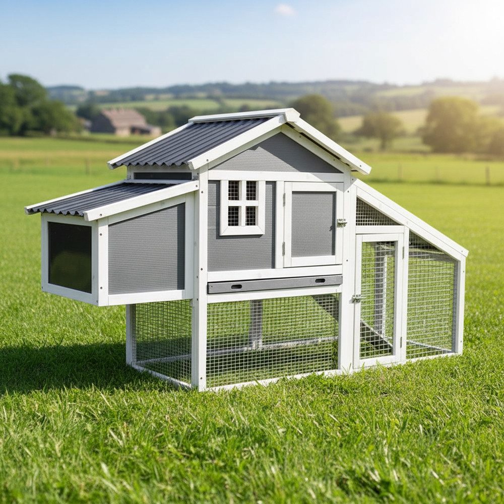 Melko Kleintierkäfig Geflügelstall Hühnerstall in Grau Weiß Hühnerhaus Hühnerkäfig, Imprägniert