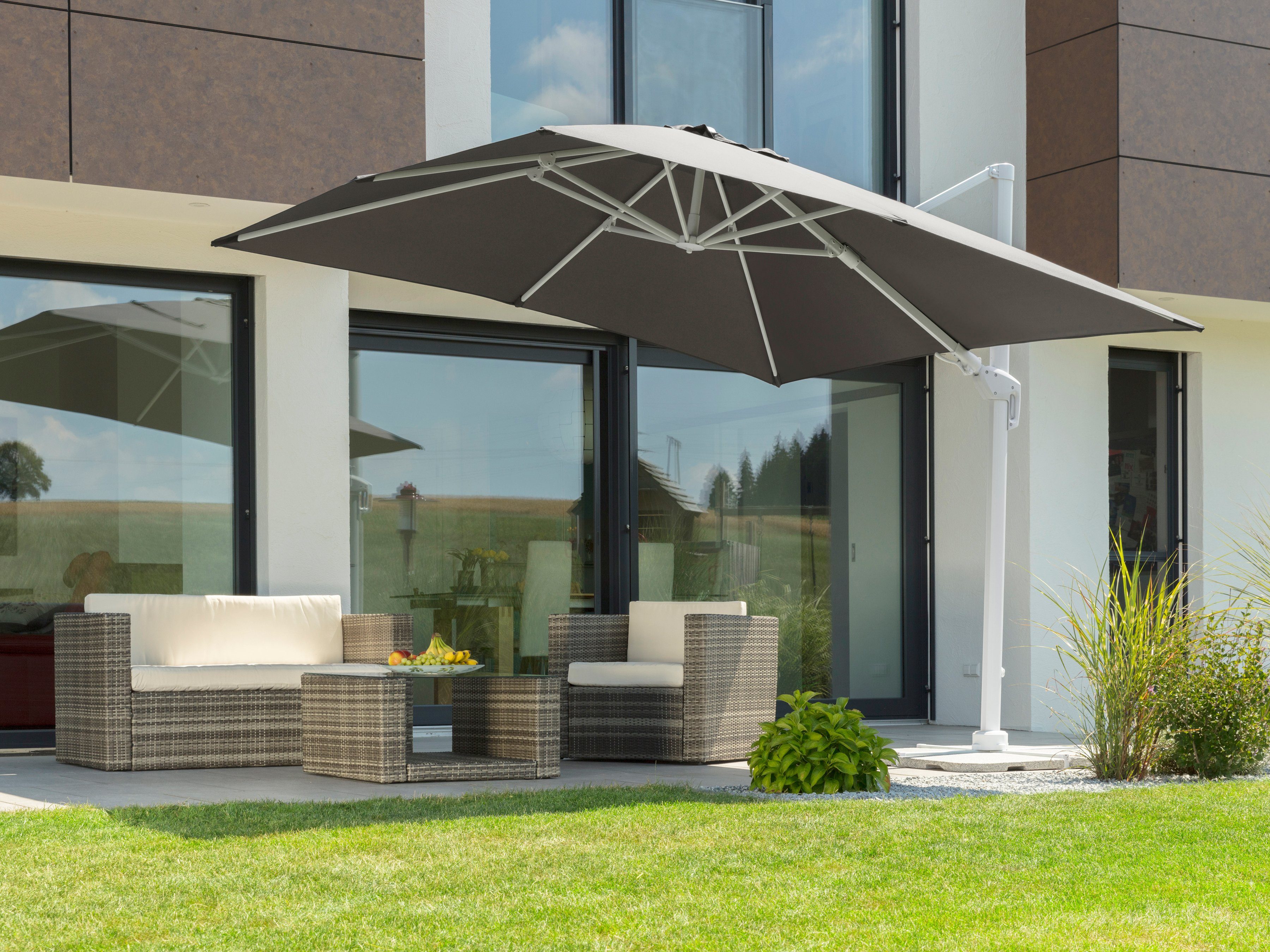 Schneider Schirme Ampelschirm Rhodos Twist Bianco, LxB: 300x300 cm, mit Schutzhülle und Schirmständer, ohne Wegeplatten