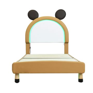 Flieks Polsterbett, LED Kinderbett mit höhenverstellbarem Bär-Form Kopfteil 90x200cm