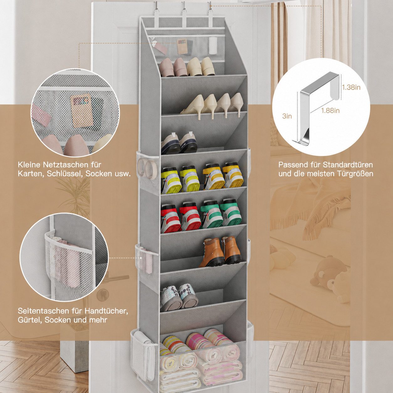 Diwzbyn Schuhregal Schuhorganizer Türhängend, 16–24 Paar mit Aufbewahrungstaschen, Platzsparende Aufbewahrung für Schuhe, Accessoires & mehr – Bild 3 von 5