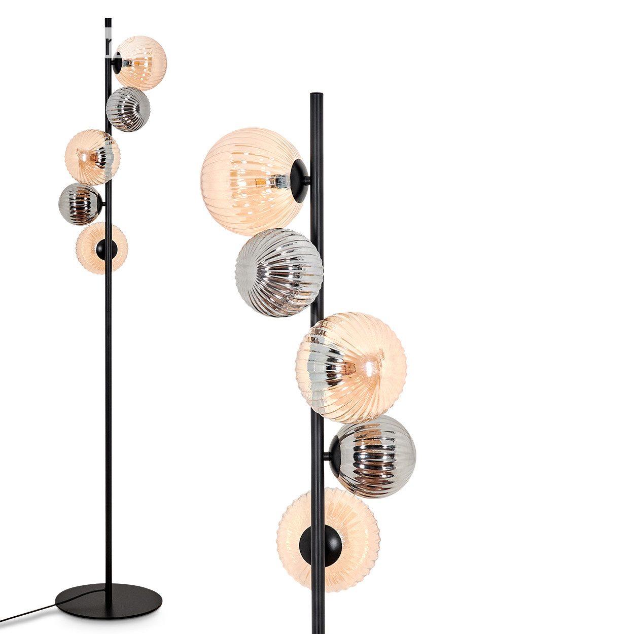 Stehlampe Stehlampe aus Metall/Riffelglas in Schwarz/Rauch/Bernstein
