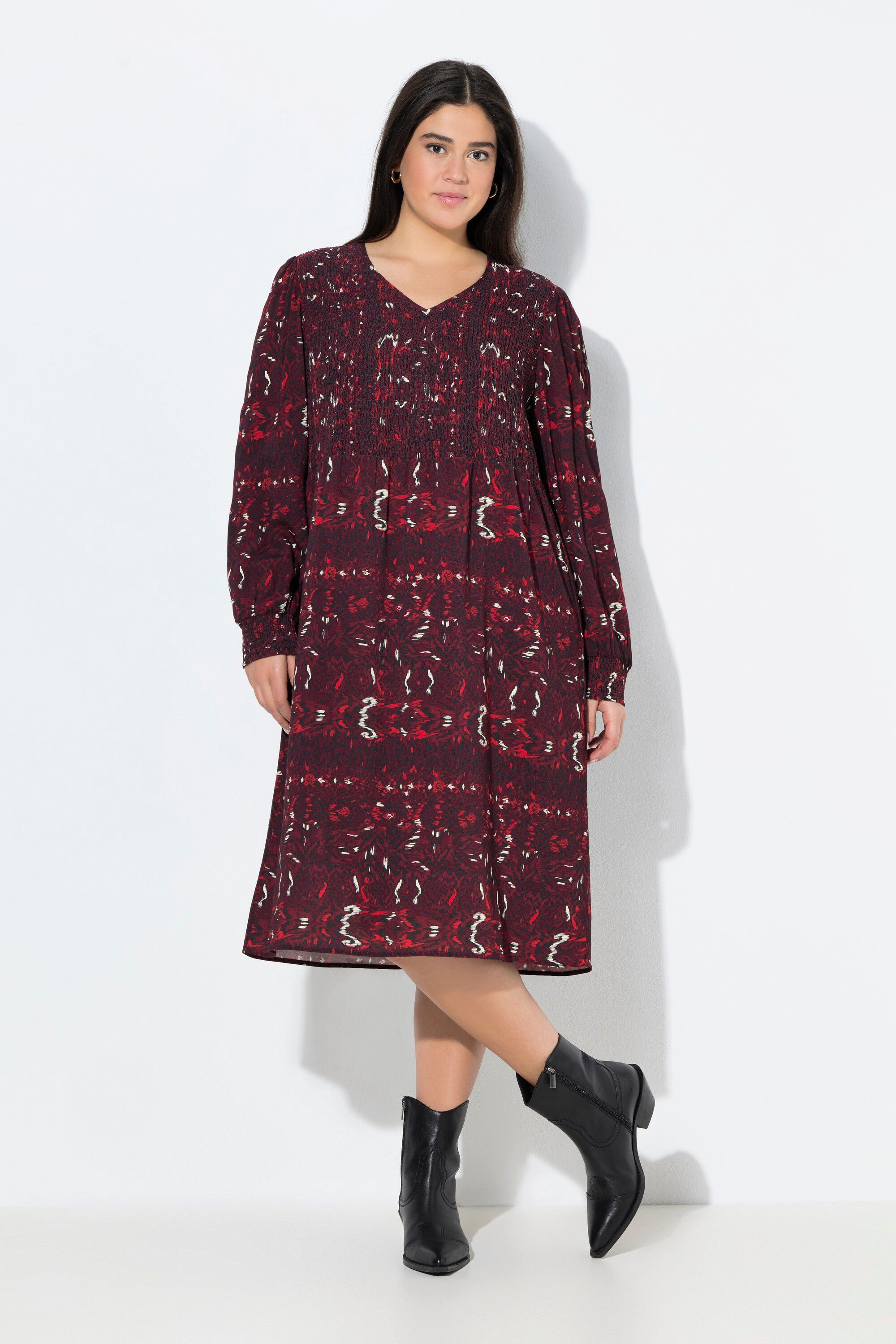 Ulla Popken Jerseykleid Smokkleid A-Linie V-Ausschnitt Langarm günstig online kaufen