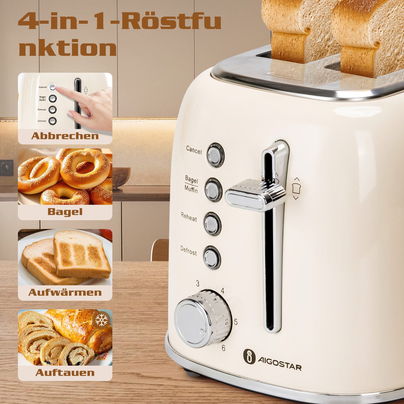 Aigostar Toaster Retro Edelstahl Toaster, 4 Funktionen, 6 Bräunungsstufen, 2 kurze Schlitze, für 2 Scheiben, 800 W, Extra Breite Toastschlitze, Liftfunktion
