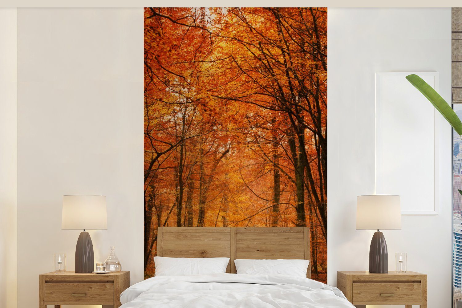 Schlafzimmer (2 Küche, Wohnzimmer bedruckt, Wald, Fototapete - Rot Matt, Herbst für Vliestapete MuchoWow - Fototapete St),