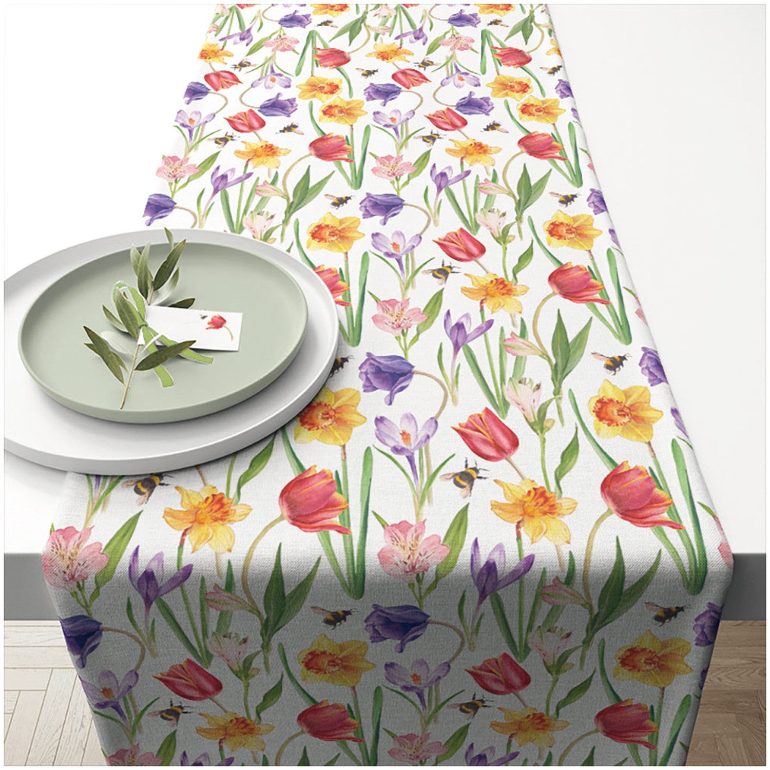 Ambiente® Tischläufer Flowers in spring (1-tlg, 1-teilig), Tischläufer Tischdecke ca.40x150cm Baumwolle