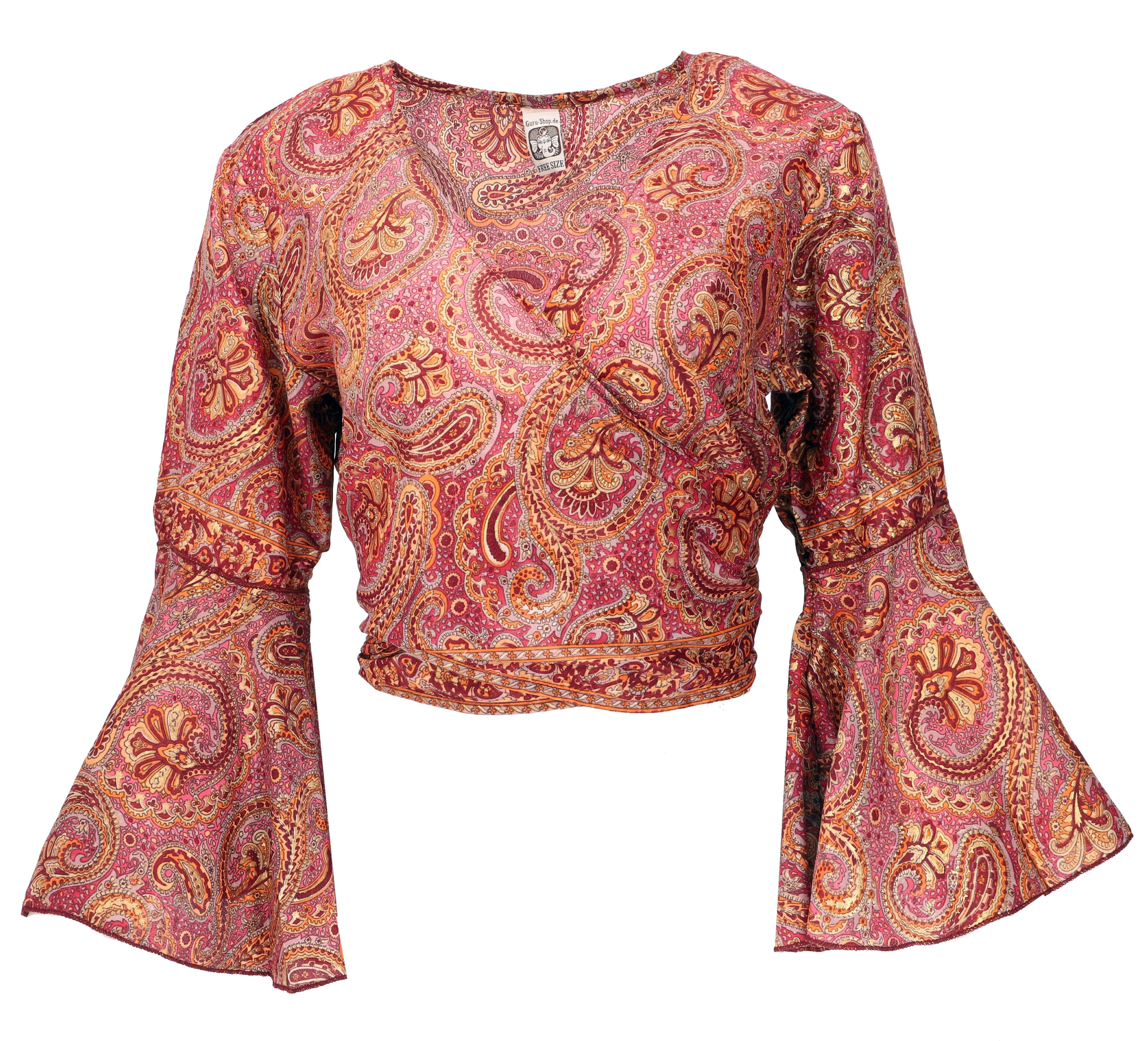 Guru-Shop Longbluse Kurztop, Boho Blusentop, Wickeltop, Wickelbluse.. Festival, Ethno Style, alternative Bekleidung