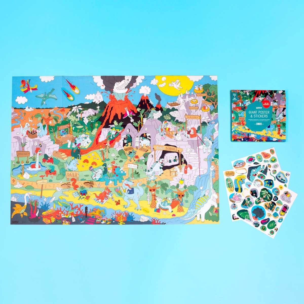 OMY Malvorlage Sticker Poster Dino Suchen & Finden 100 Sticker 70x100 cm Kinder