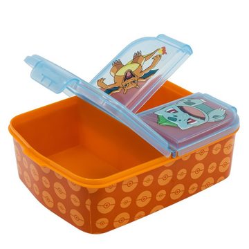 POKÉMON Lunchbox Pokemon Pikachu Kinder 4 tlg. Set, 3 Kammern Brotdose Gabel Löffel XL Alu-Flasche