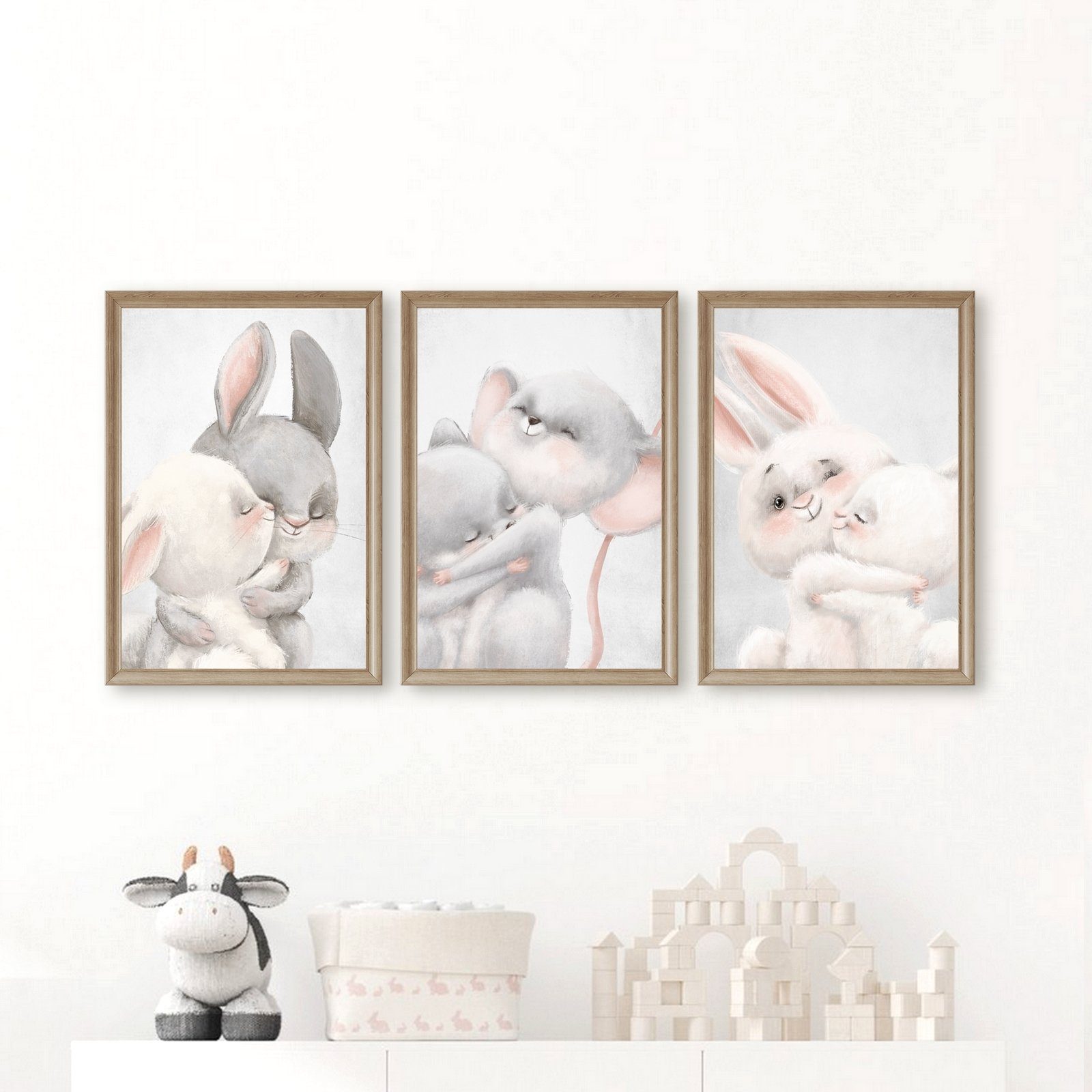 homestyle-accessoires Poster Bilderset Kinderbilder KUSCHELTIERE PASTELL HASE MAUS 3er A4/A3 Baby, - Ohne Bilderrahmen - Sorgfältige & sichere Verpackung