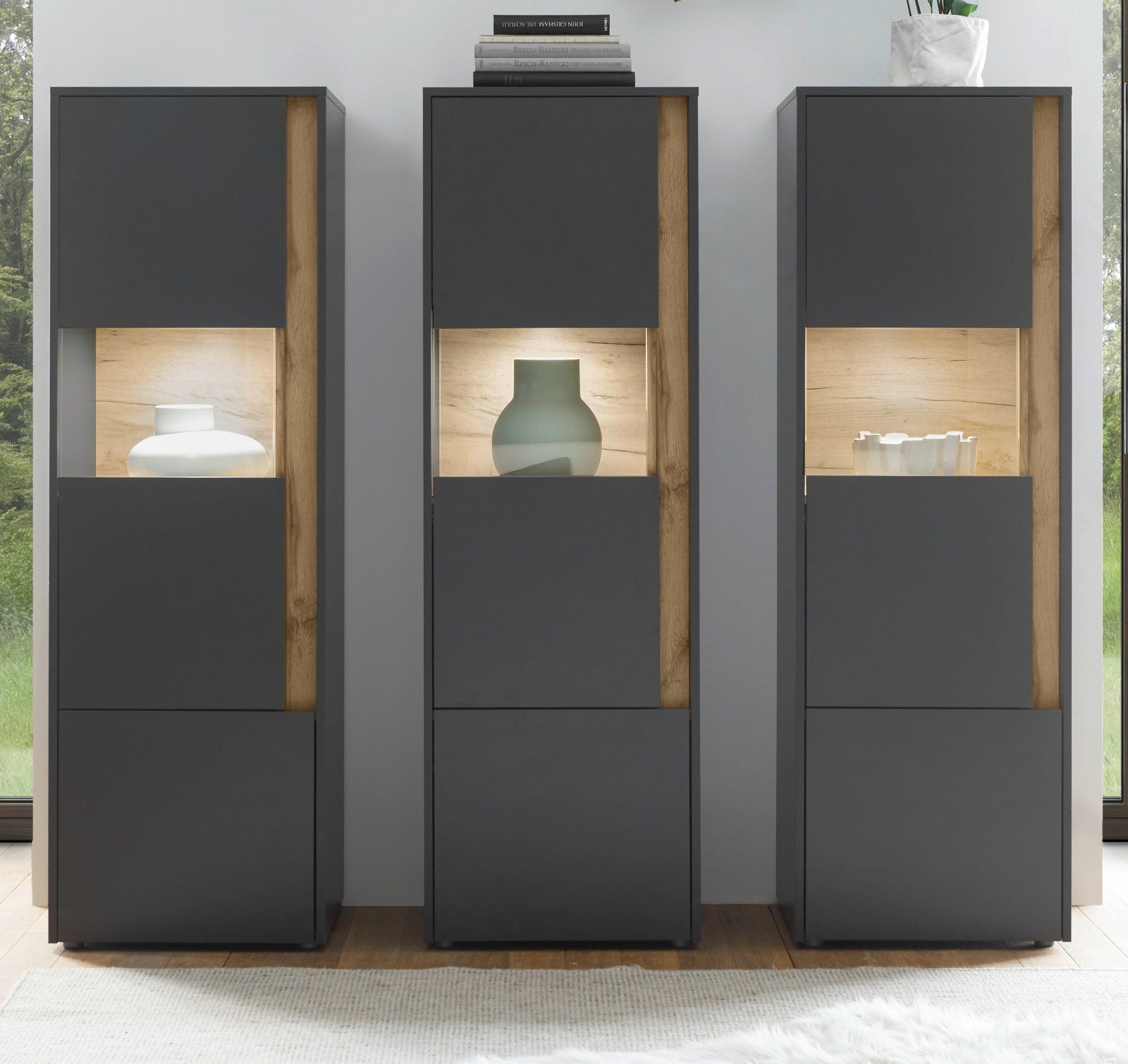Furn.Design Schrank-Set Center, (in grau mit Wotan Eiche, 3x Vitrinenschrank), mit viel Stauraum