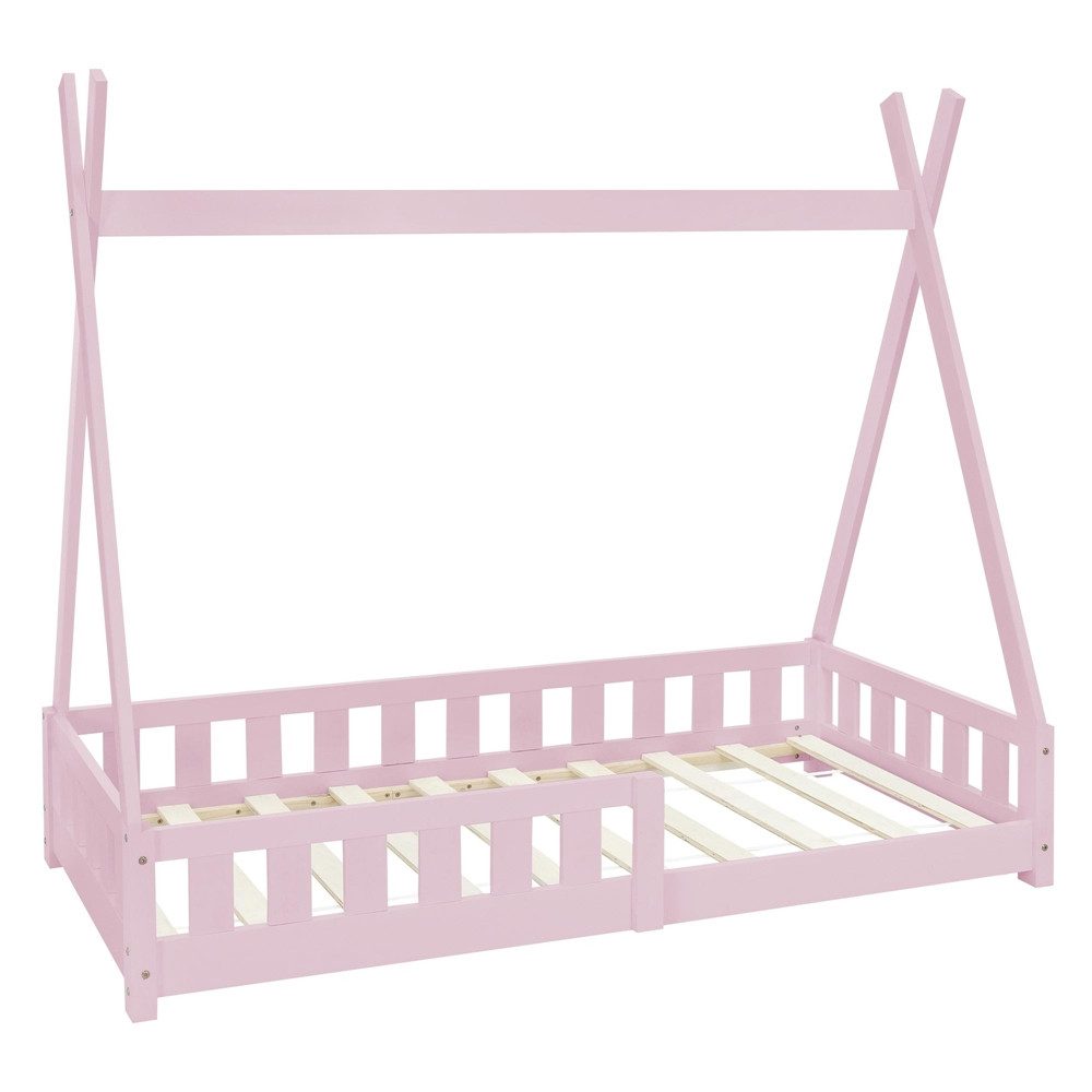 ML-DESIGN Spielbett Hausbett Tipi Zeltbett inkl. Lattenrost Bodenbett Kinder Himmelbett, Abenteuerbett mit Rausfallschutz Zelt Bett Kiefer Rosa Kinderhaus