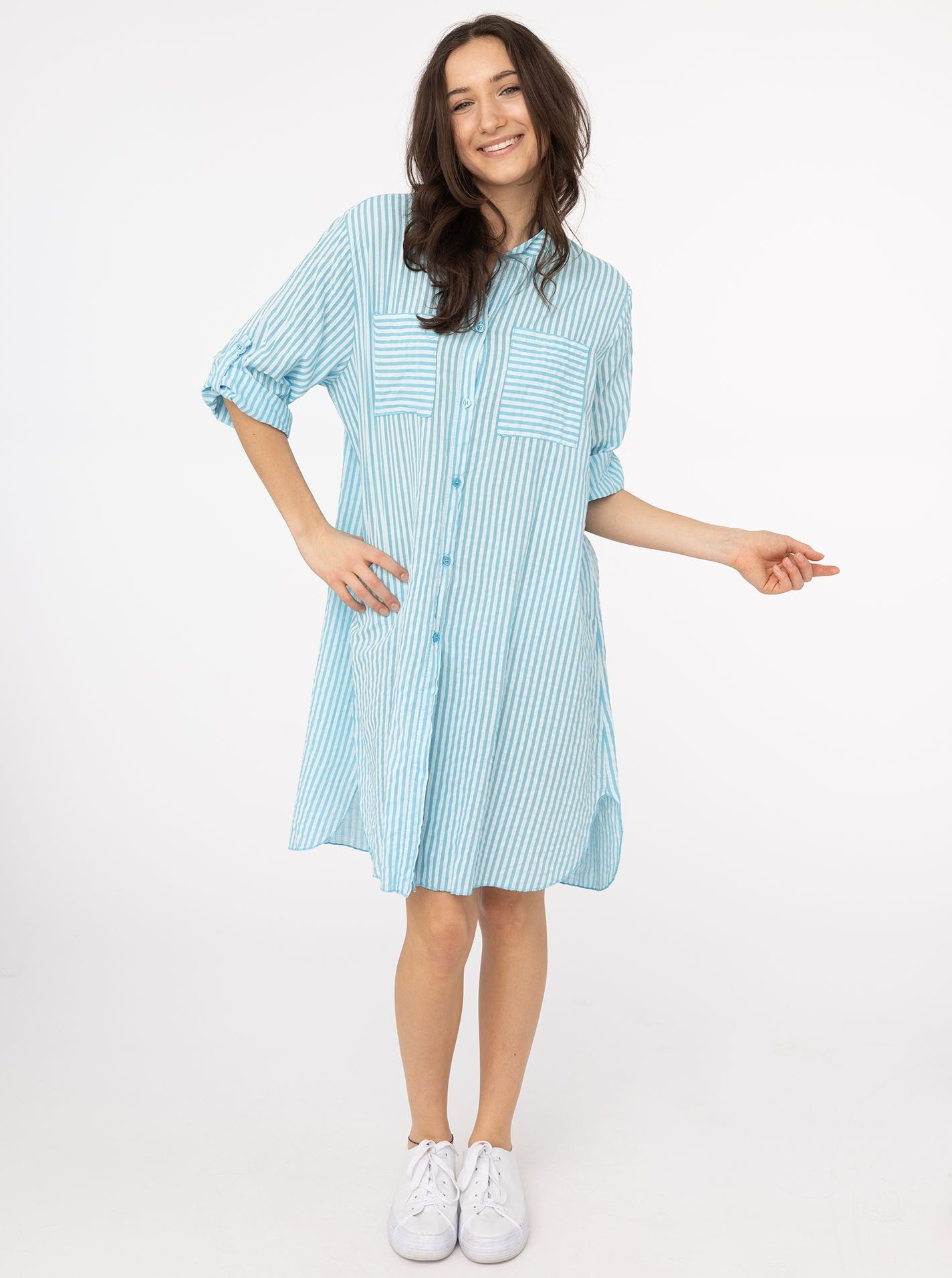 Zwillingsherz Longbluse "Kida" One Size, Streifen, Knopfleiste, Brusttaschen, 3/4-Arm