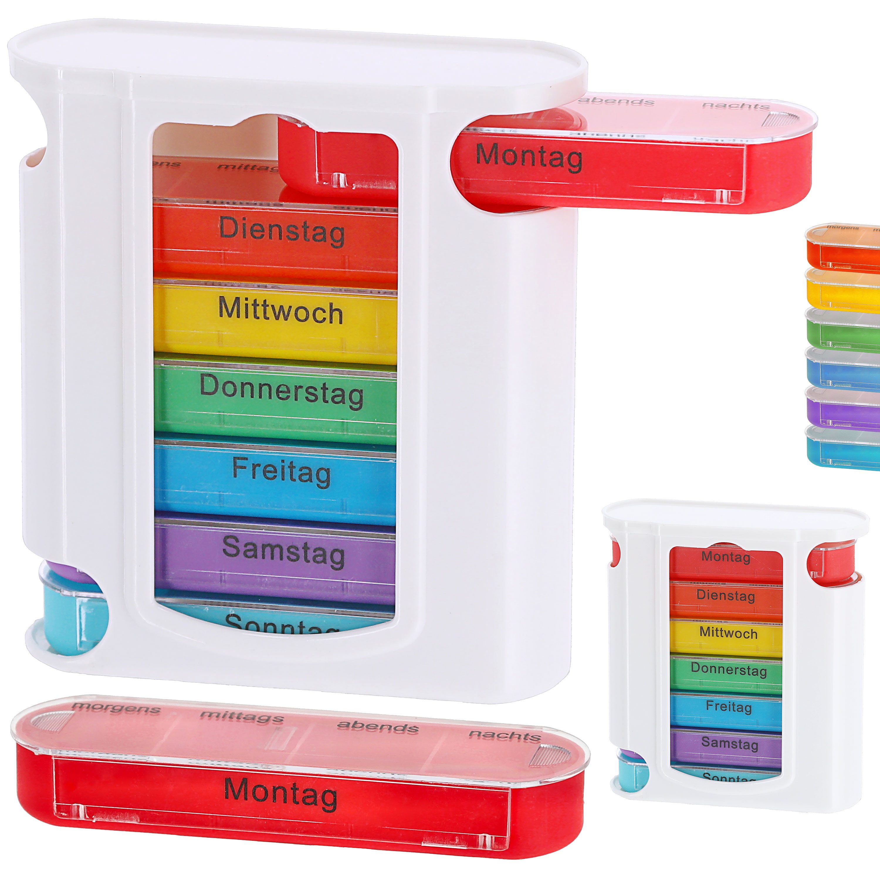 CEPEWA Pillendose Pillenbox 'Deluxe' 7 Tage Regenbogenfarben weiß Wochentage Tageszeit