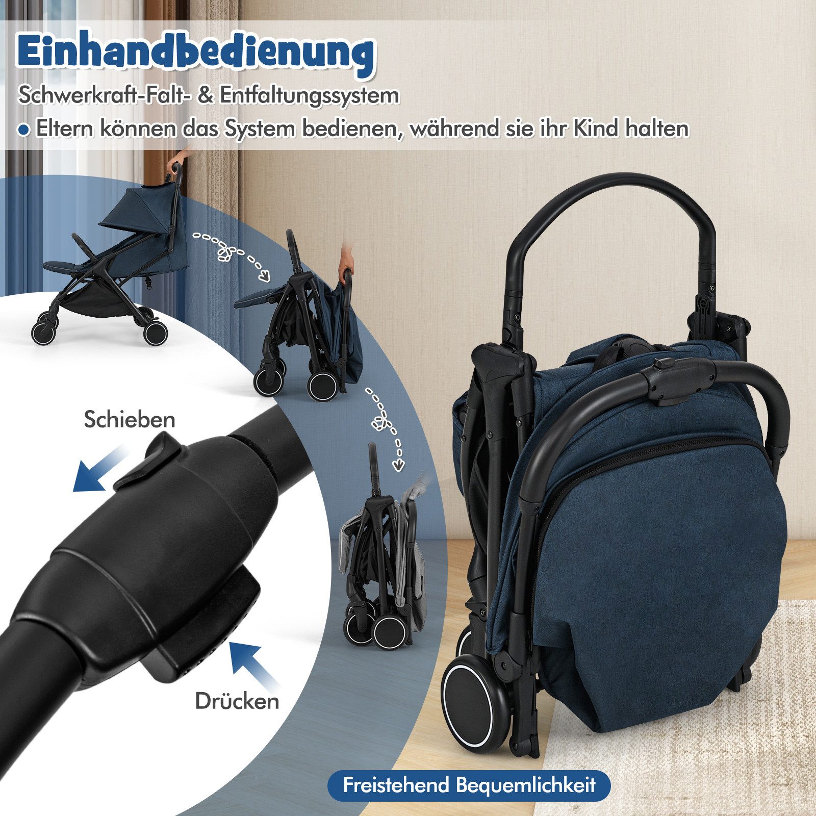 COSTWAY Kinder-Buggy, Kinderwagen klappbar, Reisebuggy, mit Liegefunktion