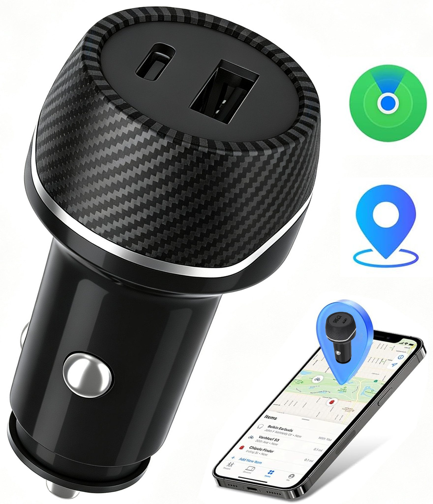 ibettertec Zigarettenanzünder, Auto Ladegerät USB, KFZ Ladegerät USB-Ladegerät (kompatibel mit Apple Find My (nur iOS), USB-C, USB 3.0 Typ A zu AV OUT/Digital, 2 USB Ladeanschlüsse)