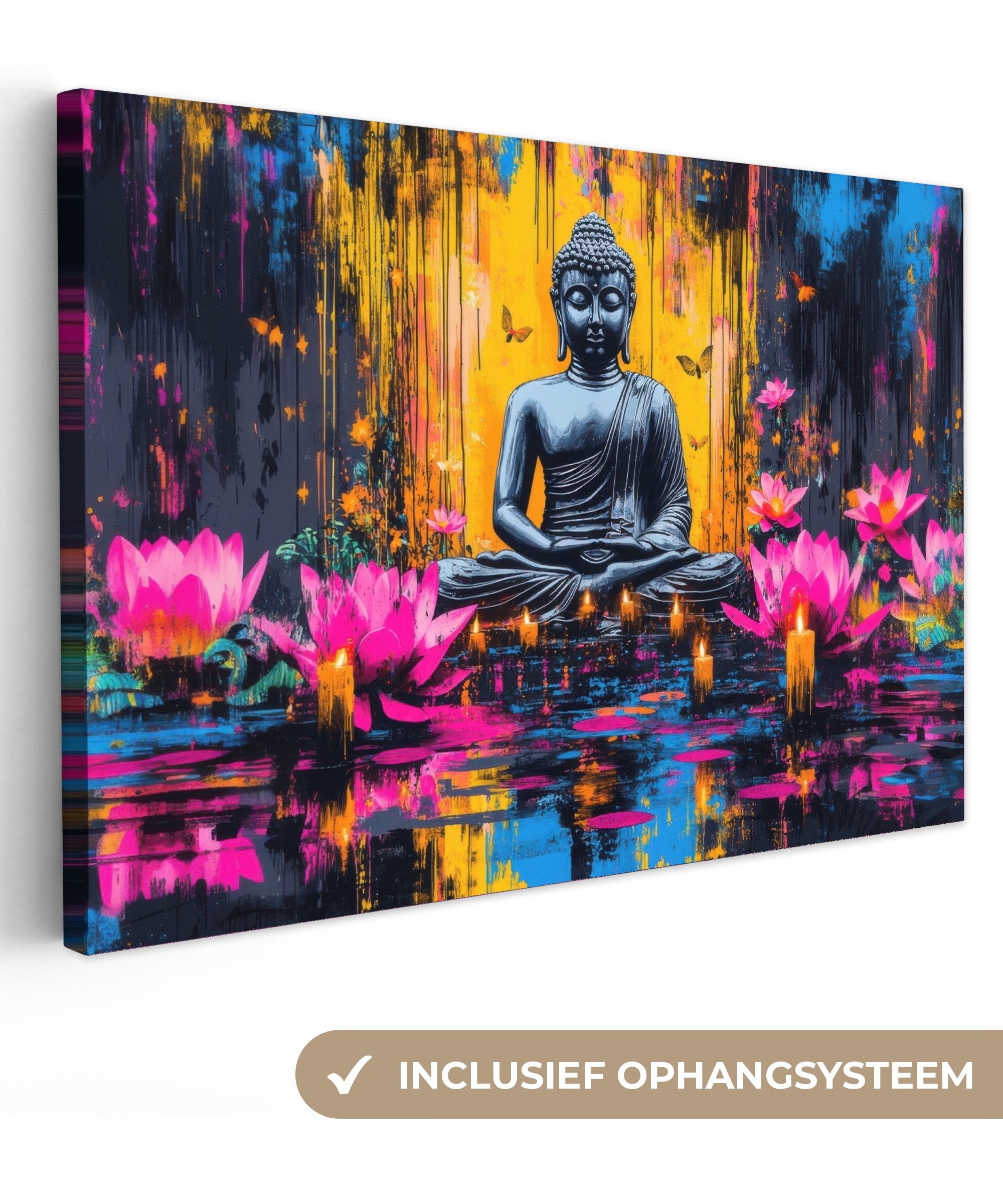 OneMillionCanvasses® Leinwandbild Buddha - Blumen - Kerzen - Gelb, Fotodruck (1 St), Leinwand Bilder Klein, Wand Dekoration Aesthetic 30x20 cm