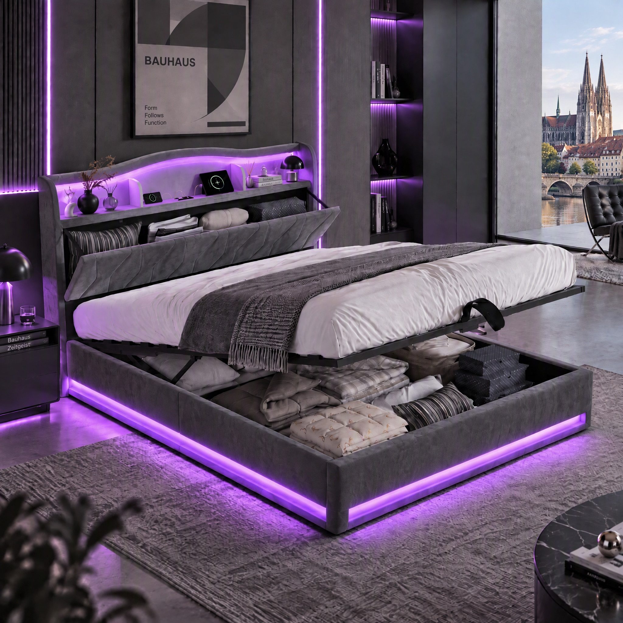 Furnishings Home Polsterbett Stauraumbett LED Doppelbett (1-tlg., Inkl. Komforthöhe Lattenrost, Leises Design Bett), Mit Bettkasten, RGB Beleuchtung, Ladefunktion