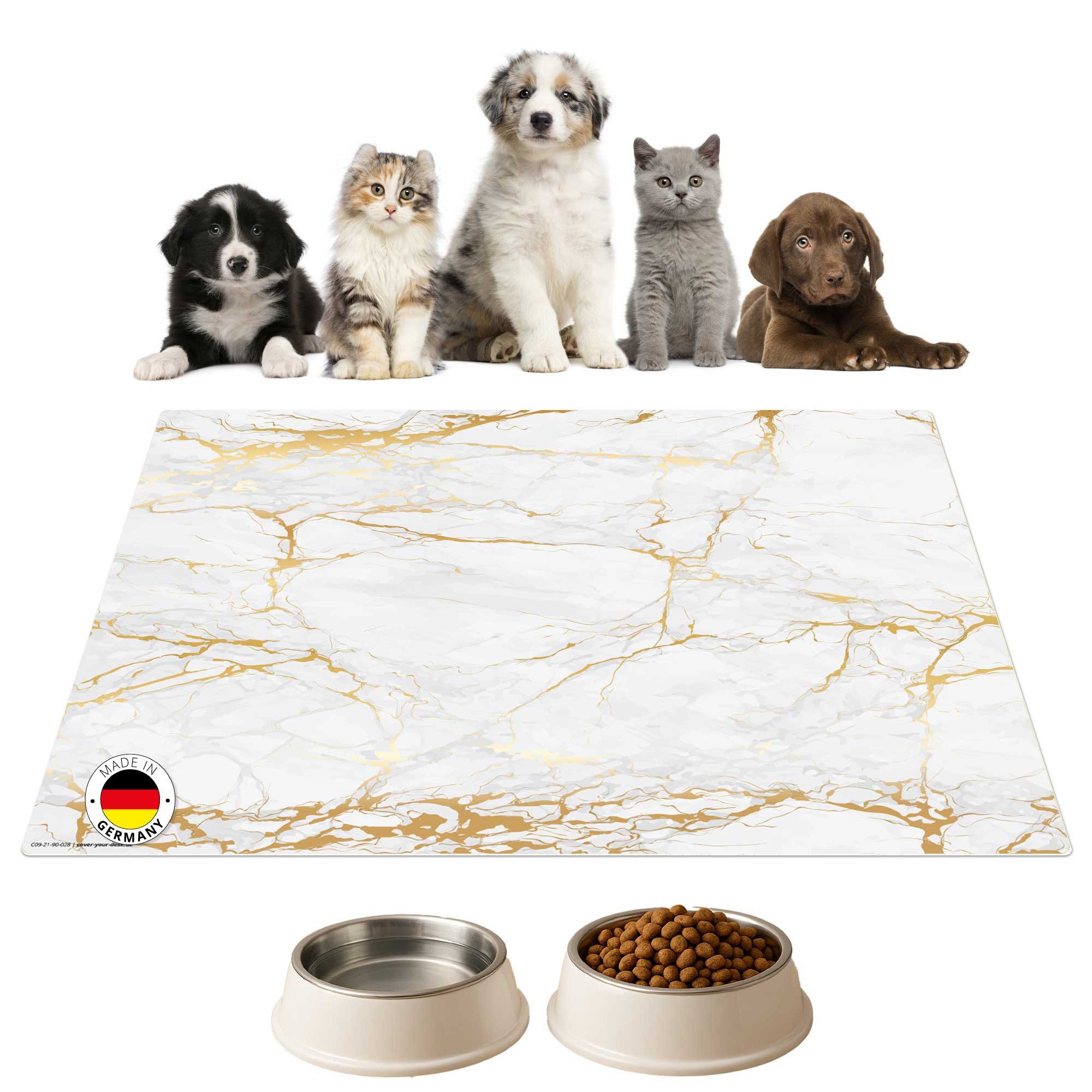 cover-your-desk.de Napfunterlage für Hunde & Katzen „Weißer Marmor mit Goldadern“ - aus Premium-Vinyl, 1-St., rutschhemmend, abwaschbar, reißfest, Made in Germany