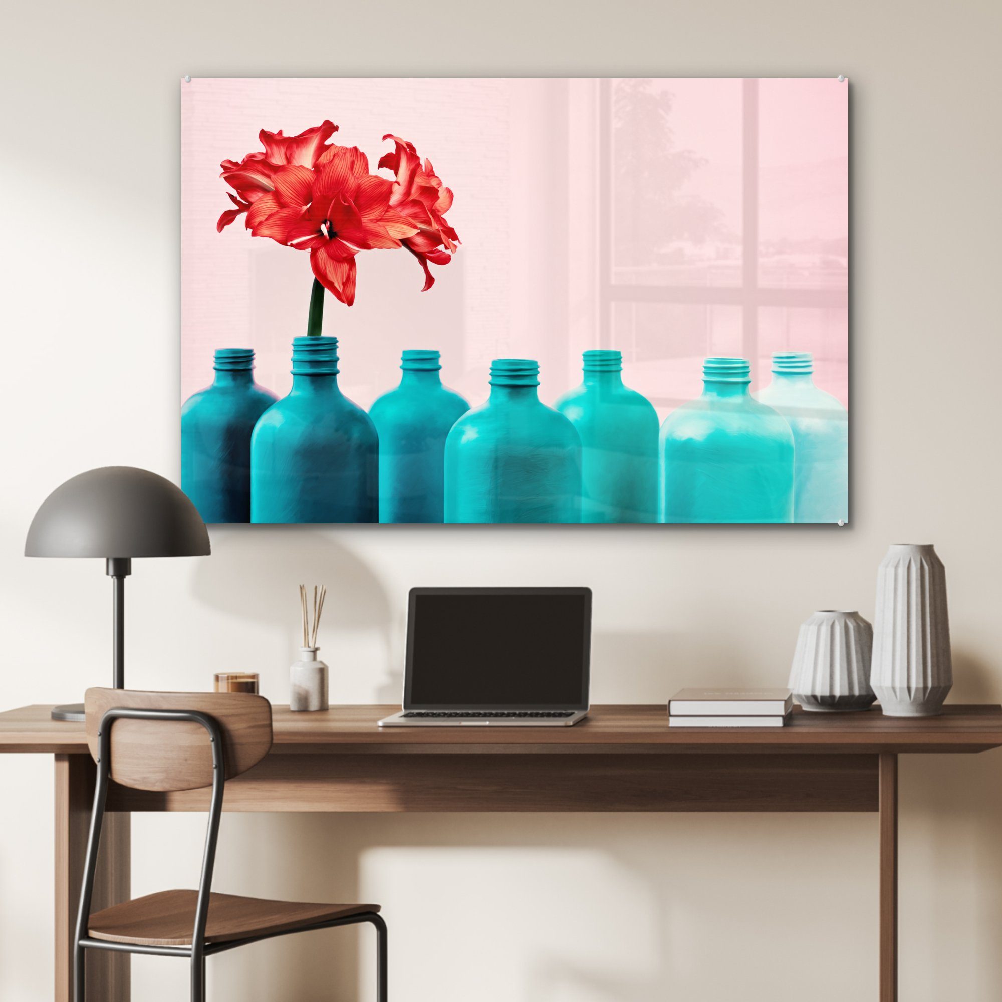der MuchoWow Wiederverwendung Acrylglasbilder & Schlafzimmer Acrylglasbild (1 St), blauen Wohnzimmer Flasche,