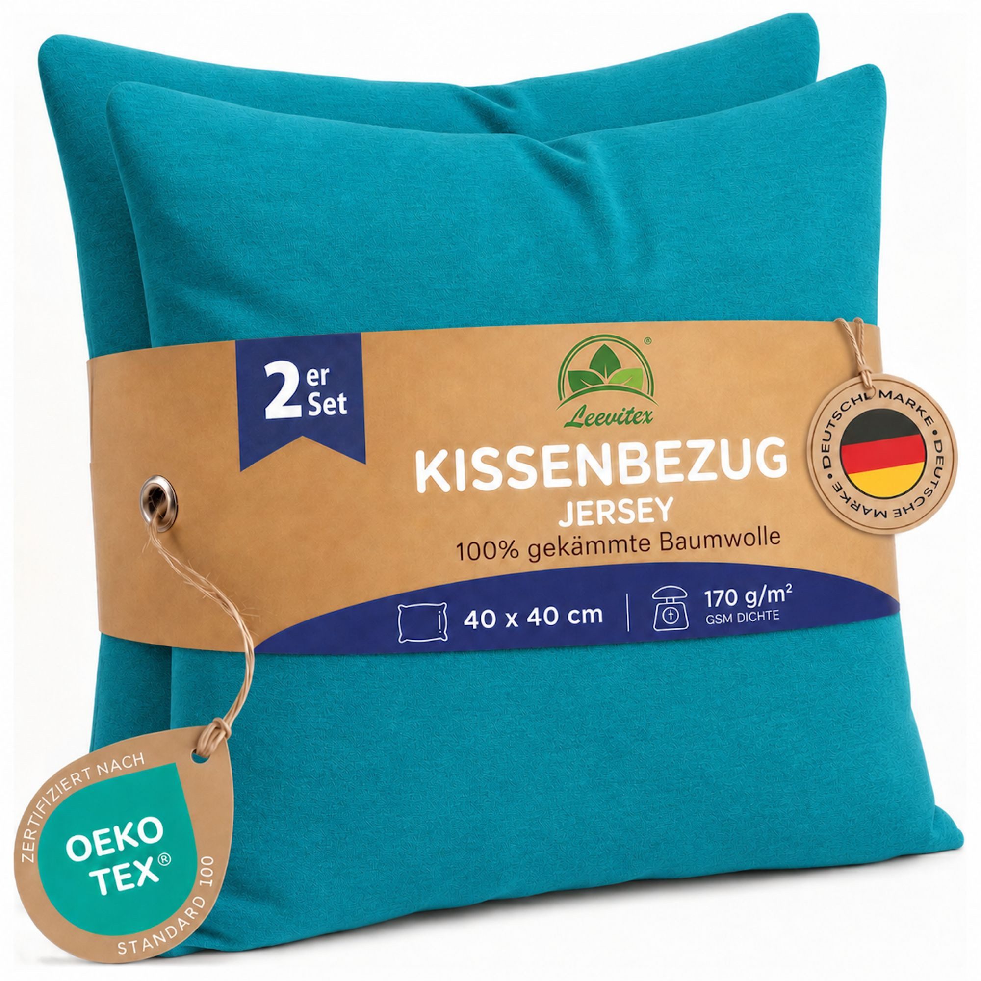 leevitex® Kissenbezüge Kissenbezug 40 x 40 cm, 2er Set, Petrol/Smaragdblau, (2 Stück), feine Jersey-Qualität, 100% Baumwolle, robuster Reißverschluss
