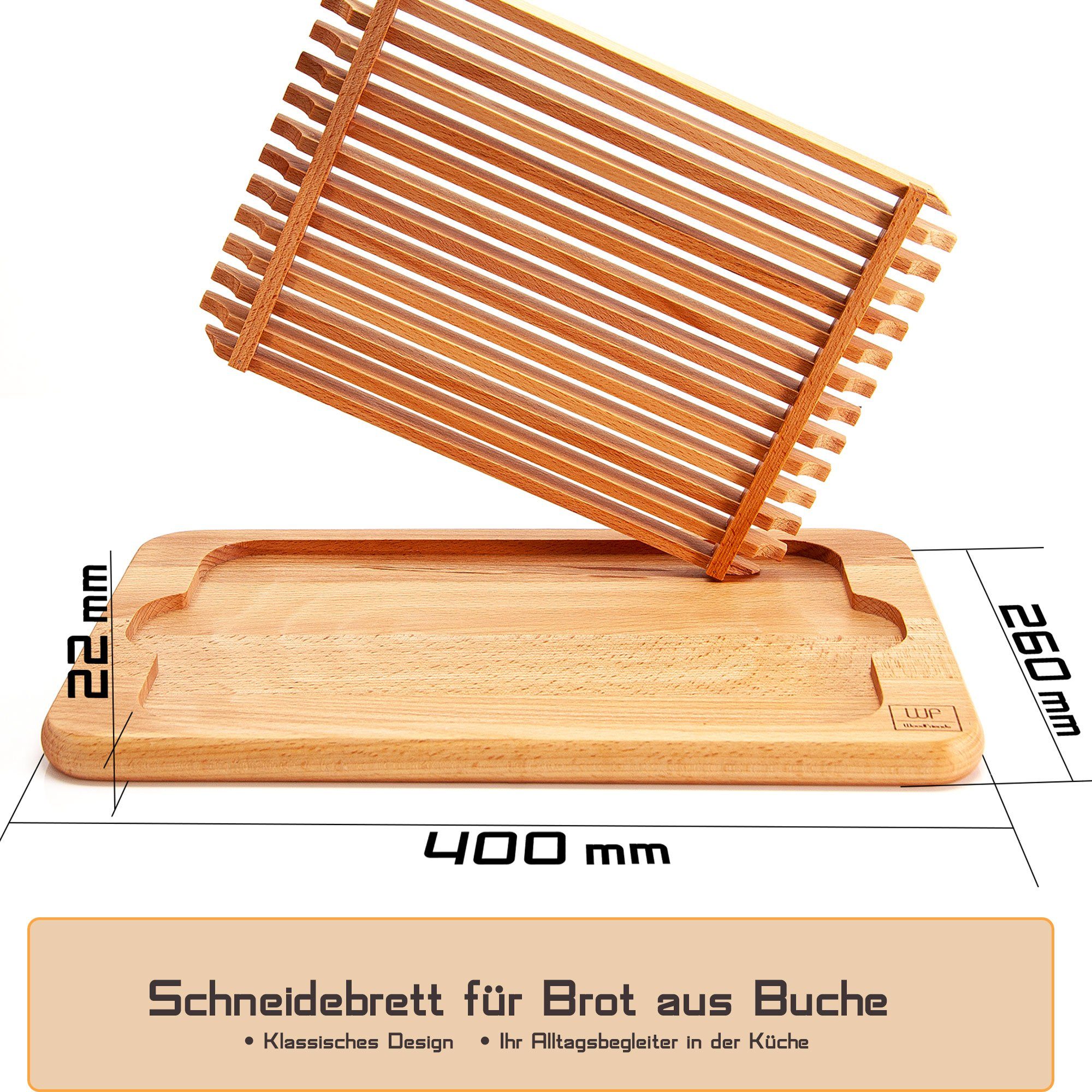 Buche WoodFriends Servierbrett für mit aus 400x260x22mm Schneidebrett Küche Rillen Brotschneidebrett
