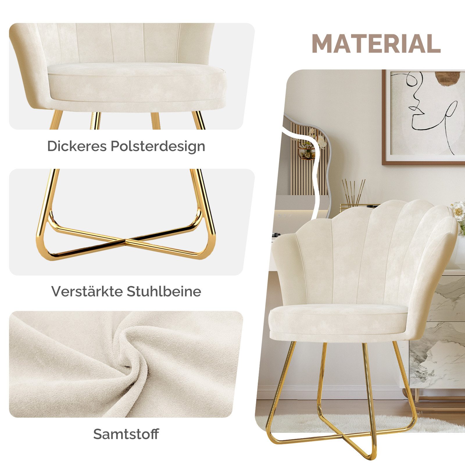 HawthyHome Polsterstuhl Polstersessel mit Blütenblatt-Rückenlehne & Goldene Metallbeine (2 St), ideal für Esszimmer & Schminktisch – Bild 5 von 5